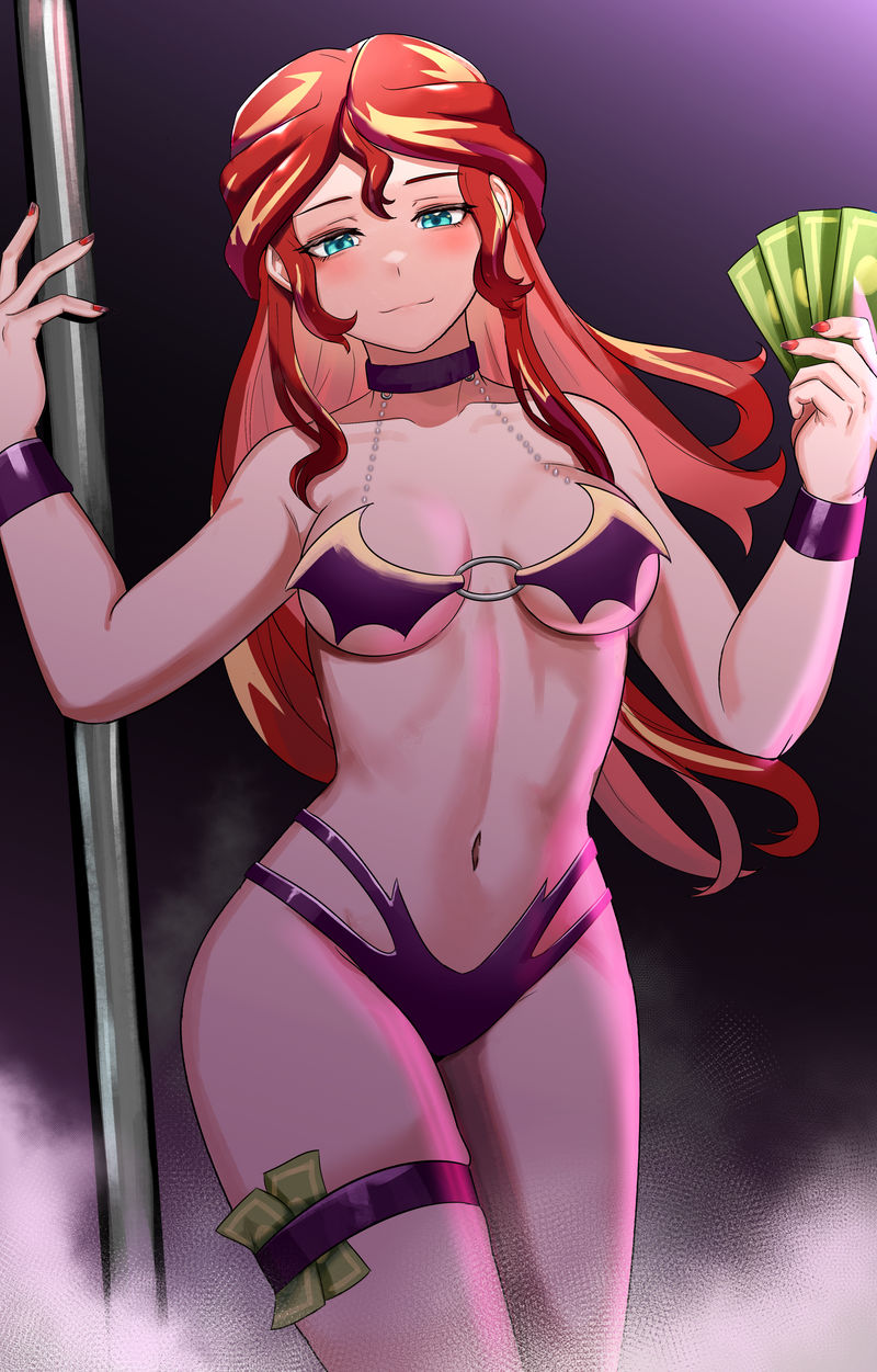 1girls aqua_eyes blonde_hair dancer dancer_outfit equestria_girls friendship_is_magic hasbro iojknmiojknm money multicolored_hair my_little_pony pole_dancing red_hair stripper stripper_pole sunset_shimmer