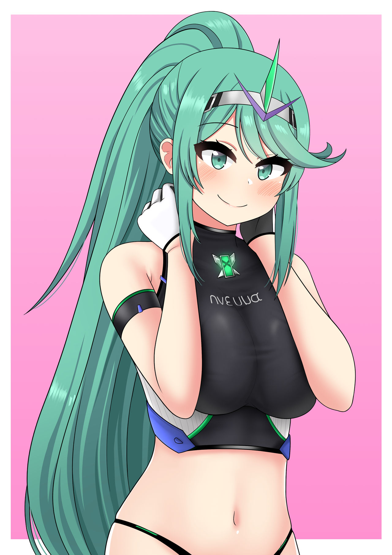 1girls, black panties, black tank top, breasts, core crystal, female, gloves, green eyes, green hair, hair ornament, hairband, highleg, highleg panties, large breasts, looking at viewer, midriff, navel, nintendo, panties, pneuma (xenoblade), ponytail, tank top, the only shoe, xenoblade (series), xenoblade chronicles 2
