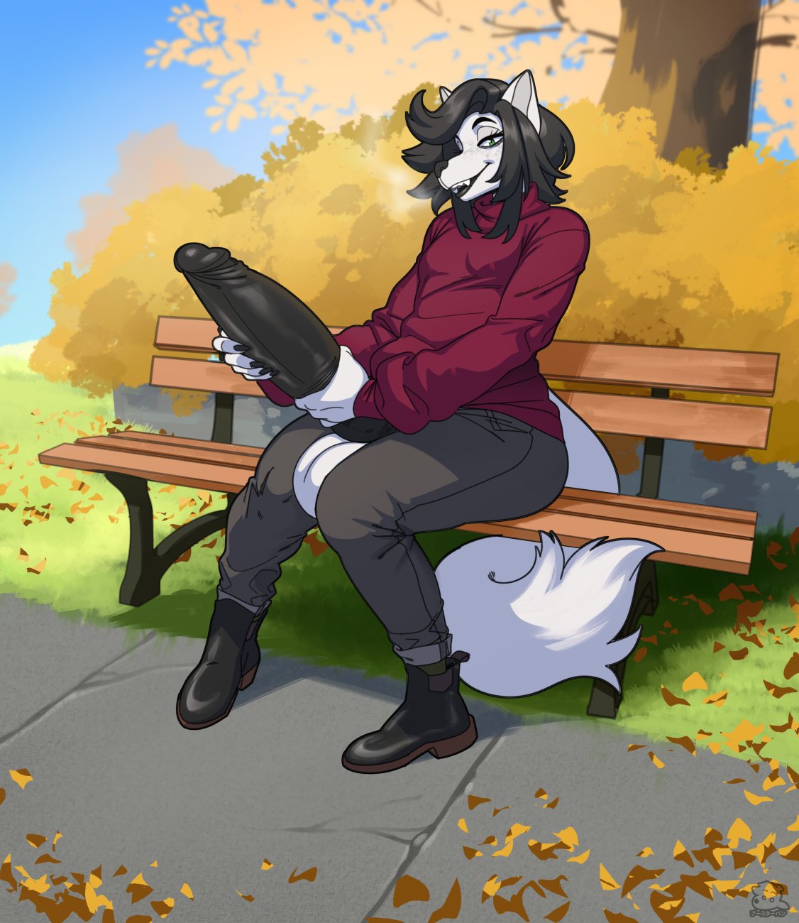 2021 2022 anthro autumn balls bench big_balls big_penis biped black_hair black_nose black_penis boosterpang boots bottomwear breath caleb_(dingah) canid canine canis clothing digital_media_(artwork) dingo femboy footwear foreskin freckles fur genitals girly hair hi_res huge_balls huge_cock hung_trap hyper hyper_genitalia hyper_penis looking_at_viewer male male_only mammal outside pants penis plant retracted_foreskin sitting_on_bench smile smiling_at_viewer solo sweaters tree white_balls white_body white_fur