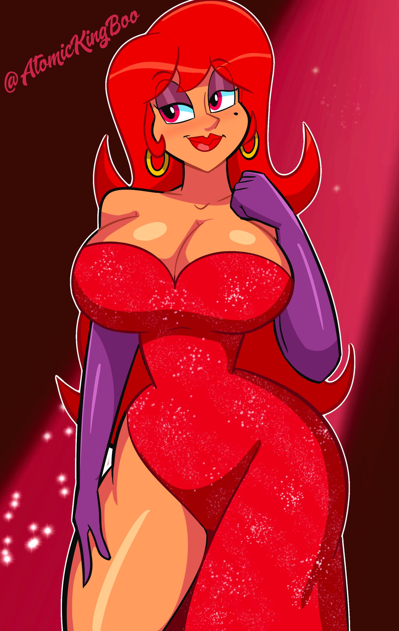 1girls, atomickingboo, beauty mark, big breasts, breasts, busty, cosplay, crossover, curvaceous, curvy, curvy figure, disney, ear piercing, earrings, eyebrows, eyelashes, eyes, female, female focus, female only, hair, halloween, halloween costume, hat, hips, hispanic, hourglass figure, huge breasts, jessica rabbit (cosplay), large breasts, latina, legs, lips, lipstick, lower body, mole, mole above mouth, mouth, oc, original, original character, piercing, red eyes, red hair, signature, the besties (atomickingboo), thick, thick legs, thick thighs, upper body, valerie valentine (atomickingboo), voluptuous, waist, watermark, who framed roger rabbit, wide hips
