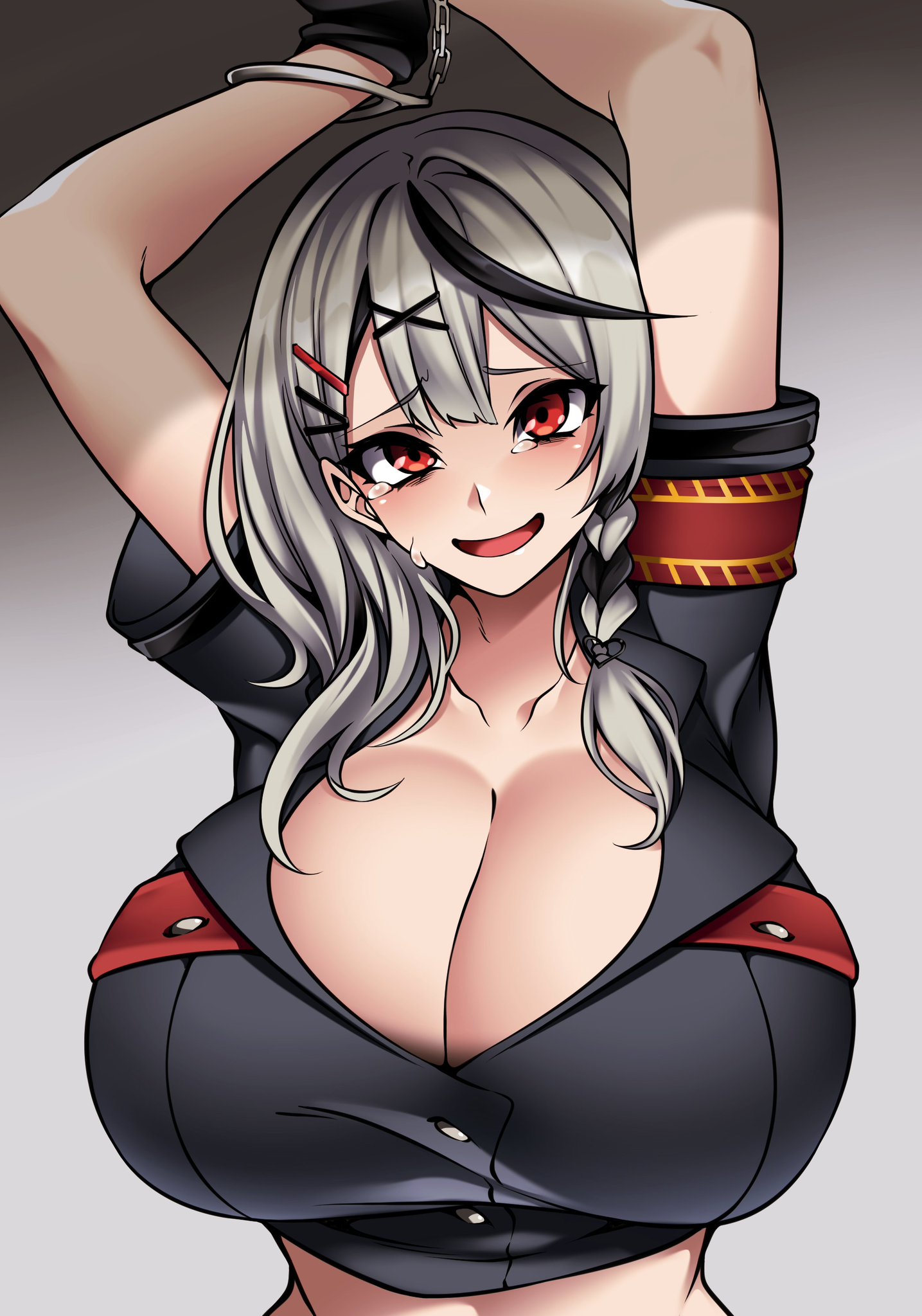 1girls, big breasts, blush, breast bigger than head, breasts, breasts bigger than head, buttons, camui kamui (hz 666v), cleavage, crying, crying laughing, crying with eyes open, cute, dark hair, female, female only, handcuffed, handcuffs, hololive, hololive japan, holox, huge breasts, human, lewd, light skin, light-skinned female, long hair, open mouth, pale skin, pale-skinned female, round breasts, sakamata chloe, seductive, seductive eyes, seductive look, seductive smile, smile, solo, thin, thin waist, tied up, tight clothes, tight clothing, tight fit, tight shirt, top heavy, virtual youtuber, voluptuous, voluptuous female