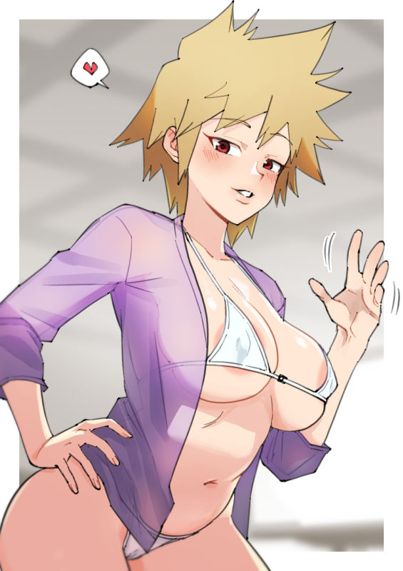 1girls areolae big_breasts bikini bikini_bottom bikini_top blonde_hair blush bottomwear breasts cleavage female female_only hair hand_on_hip henchan45 huge_breasts mature mature_female mature_woman milf mitsuki_bakugou mother my_hero_academia open_shirt purple_shirt red_eyes solo solo_female swimsuit swimwear thighs topwear waving white_bikini