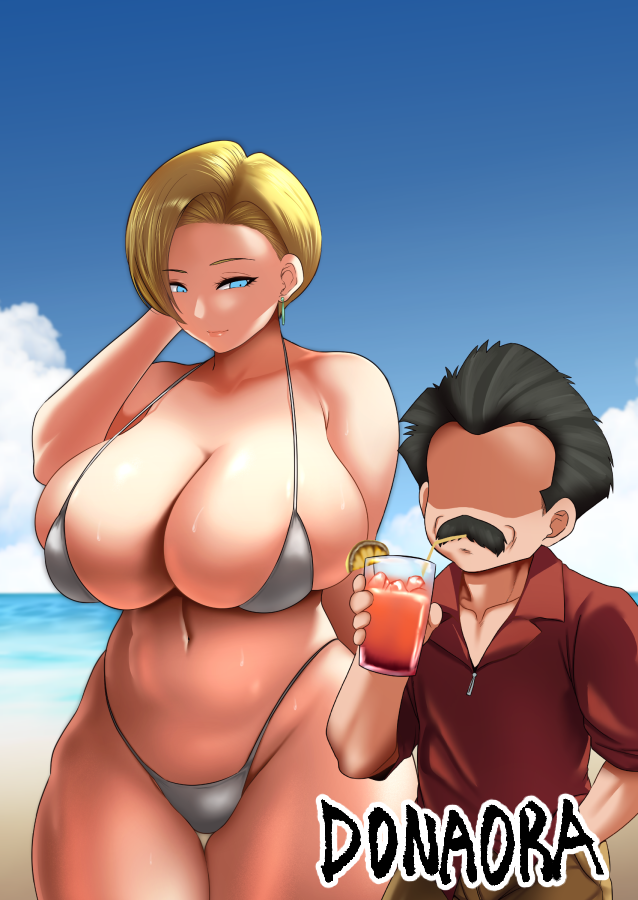 1boy 1girls android_18 beach big_breasts bikini bikini_bottom bikini_top blonde_hair blue_eyes blush breasts clothed_male curvy_female donaora889 dragon_ball dragon_ball_gt grey_bikini grey_bikini_bottom grey_bikini_top krillin kuririn looking_at_partner mature mature_female milf no_sex short_hair skimpy smaller_male standing sweat sweatdrop thick_thighs thong thong_bikini wide_hips