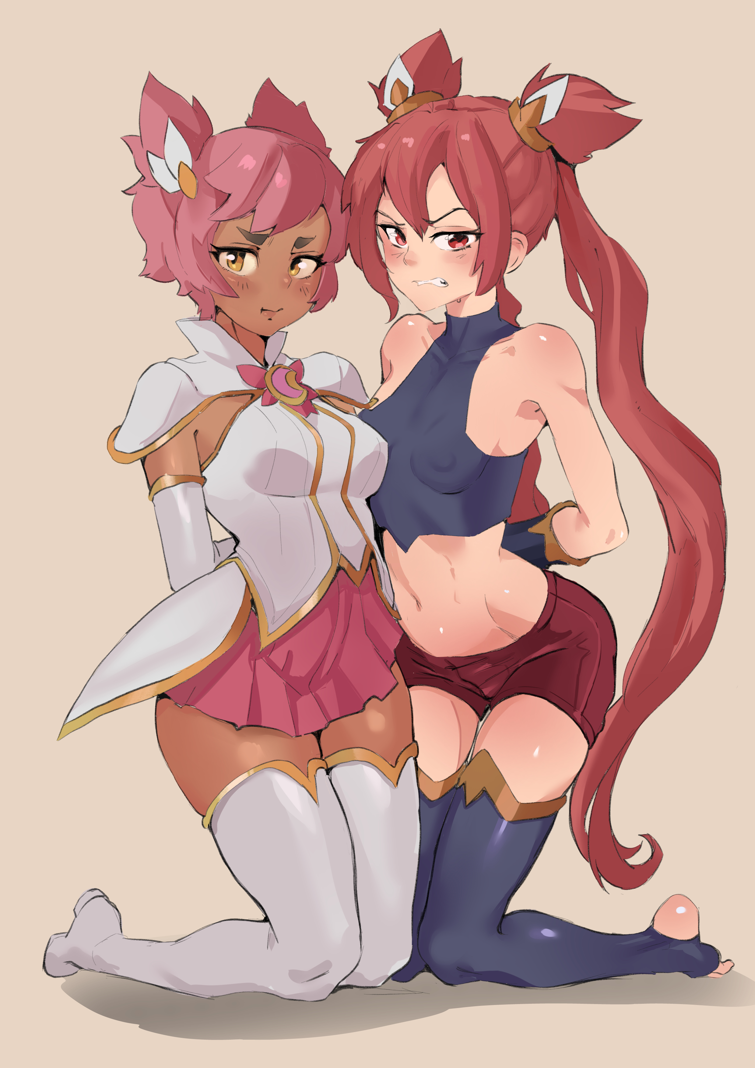 2girls, cafin, clothed, female, hair ornament, jinx (league of legends), kneeling, league of legends, looking at viewer, nipples visible through clothing, restrained, star guardian jinx, star guardian series, star guardian taliyah, stirrup legwear, taliyah, tied up