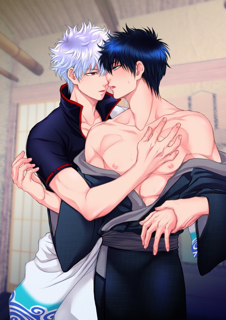 2boys bankenyokocho black_hair blue_eyes blush from_behind gay gintama gintoki_sakata hadanugi_dousa hand_on_chest hijikata_toshiro japanese_clothes kimono looking_at_another male male_only off_shoulder open_clothes open_kimono popped_collar red_eyes silver_hair sweat sweatdrop toned toned_male wrist_grab yaoi