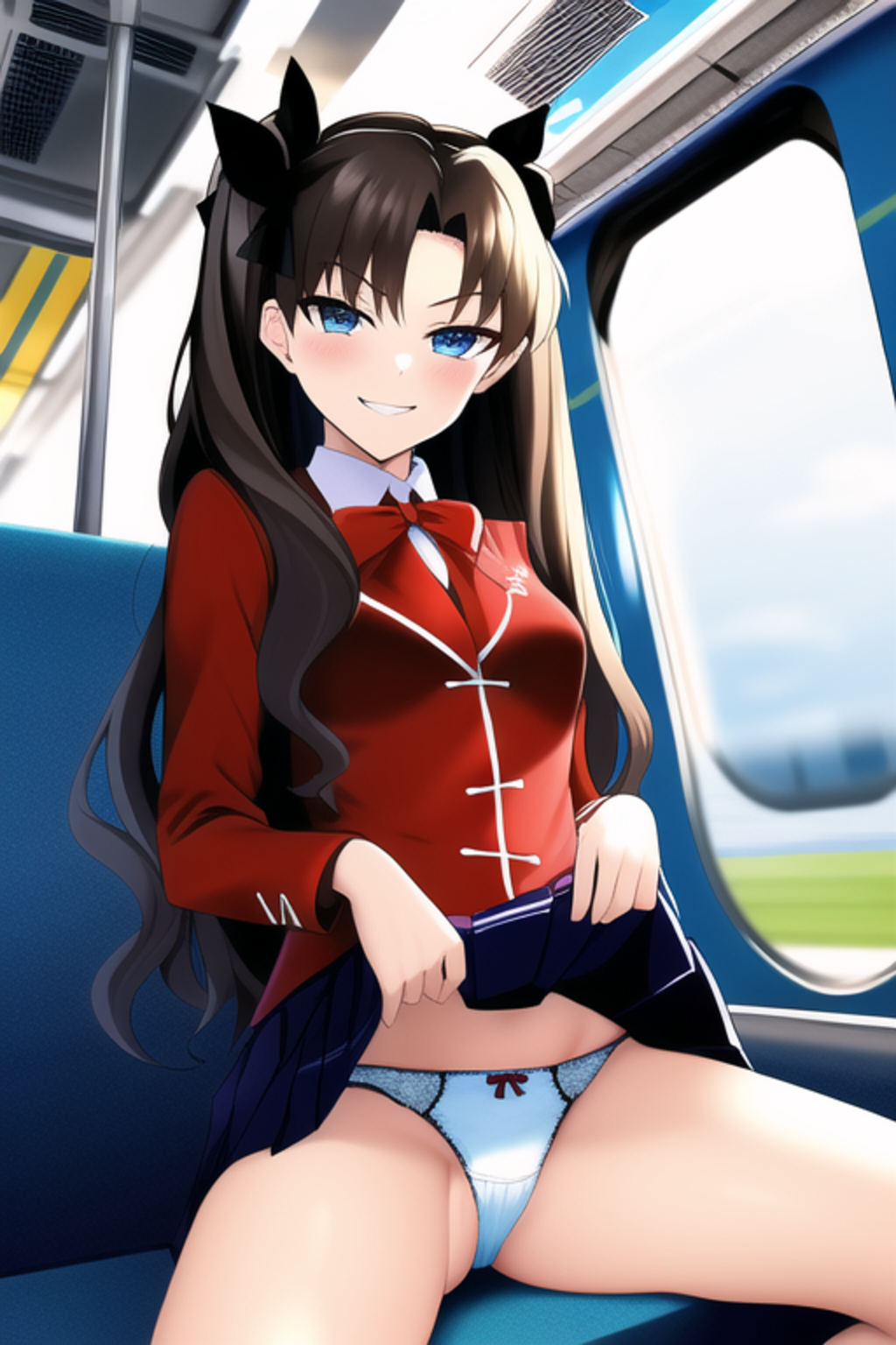 ai generated, blue eyes, exhibitionism, fate (series), fate/stay night, female, flashing panties, hair ribbon, long hair, looking at viewer, nai diffusion, naughty face, panties, public exposure, ribbon, sitting, skirt, skirt lift, smile, stable diffusion, tohsaka rin, train, twintails, white panties