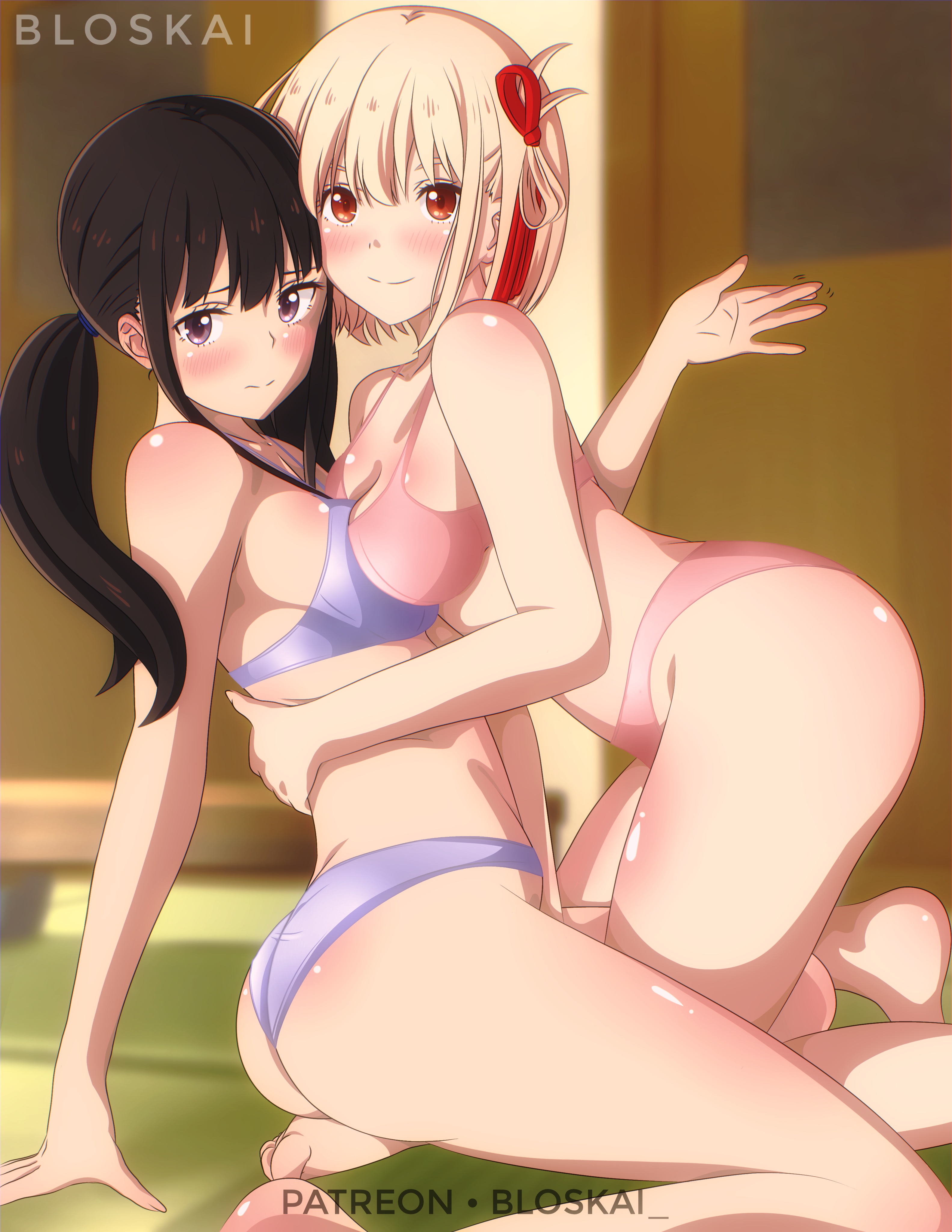 2girls, ass, bare legs, black hair, blonde female, blonde hair, bloskai, blush, couple, female, hi res, highres, inoue takina, lycoris recoil, nishikigi chisato, panties, purple eyes, red eyes, underwear, yuri