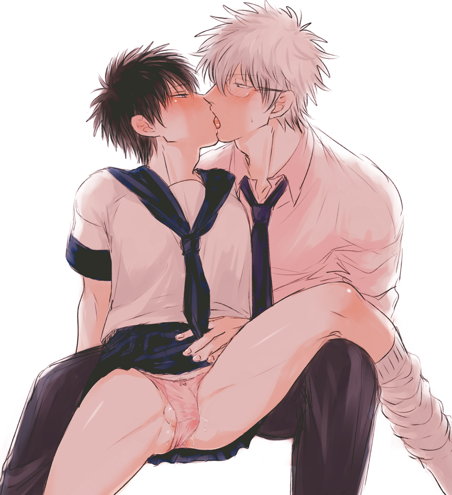 2boys alternate_costume alternate_version_available balls_in_panties black_hair blush bulge class_3-z crossdressing femboy french_kiss gay gintama gintoki_sakata glasses hijikata_toshiro kissing loose_socks male male_only mame_(pixiv) official_alternate_costume panties penis_under_panties penis_under_skirt school_uniform serafuku short_hair sitting skirt_lift spread_legs teacher teacher_and_student wet_panties white_hair yaoi