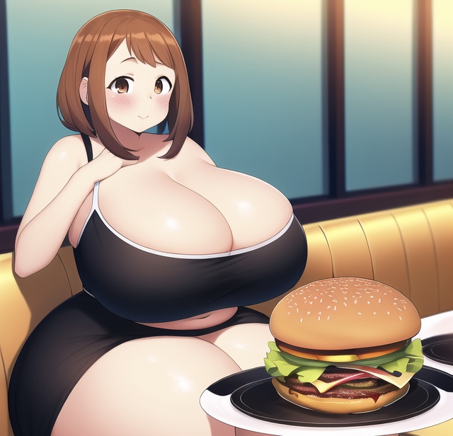 1girls, ai generated, belly, breasts, breasts bigger than head, brown eyes, brown hair, burger, chubby, chubby female, fat, female, food, huge breasts, jessicabreas, midriff, my hero academia, nai diffusion, ochako uraraka, overweight, overweight female, stable diffusion, thick thighs, wide hips