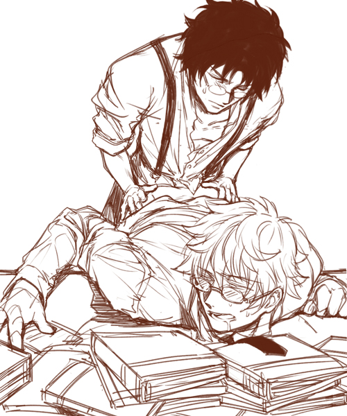 2boys anal anal_sex bent_over class_3-z clothed_sex desk drooling from_behind gintama gintoki_sakata glasses hands_on_ass huang_only implied_anal male male_only monochrome official_alternate_costume on_table sakamoto_tatsuma sketch suspenders sweatdrop table teacher teachers unprofessional_behavior