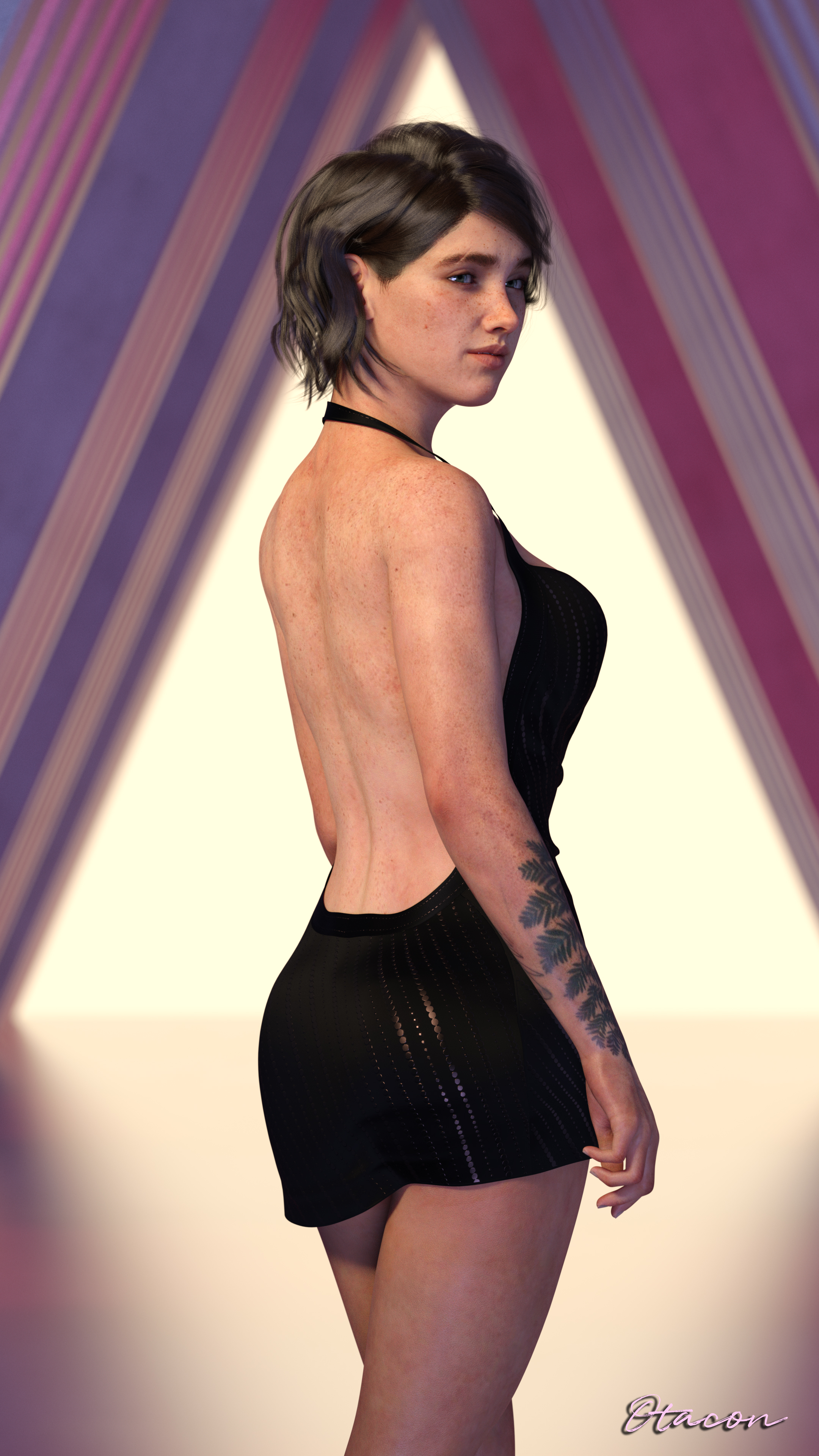 3d, athletic, athletic female, bare back, bare legs, breasts, brown hair, cleavage, dress, ellie (the last of us), ellie williams, female, female focus, female only, hourglass figure, naughty dog, otacon212, short dress, short hair, skimpy, skimpy clothes, small breasts, tagme, tattoo, the last of us, the last of us 2, wide hips