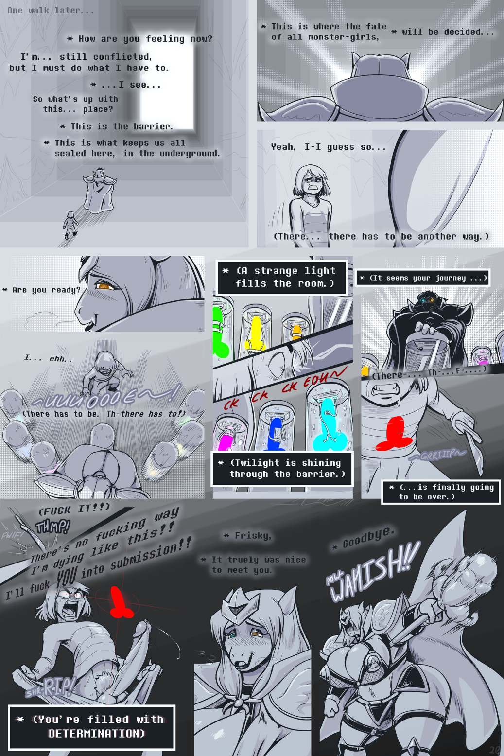 alternate_universe anthro armor asgore_dreemurr assmore_(under(her)tail) big_breasts big_penis bikini_armor blush bodily_fluids boss_monster bovid breasts bulge canister caprine cave cloak clothing comic curvy_figure female frisk frisky_(under(her)tail) genital_fluids genitals glowing glowing_eyes hi_res human imminent_sex knife leather leather_clothing male mammal monster penis phallic_looking precum rule_63 sex_toy shadow soul sweat text thewill torn_clothing unconvincing_armor under(her)tail undertale undertale_(series) undressing video_games voluptuous wide_hips