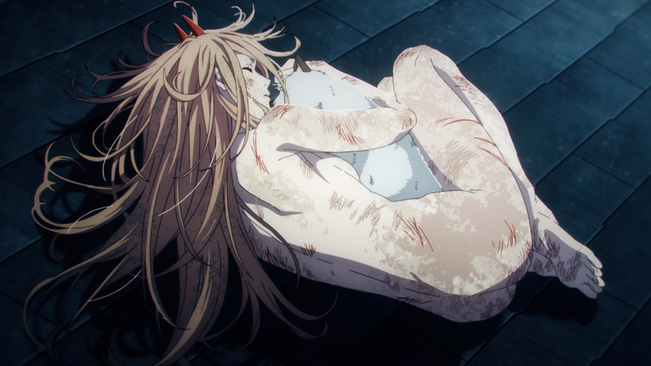 ass, blonde hair, chainsaw man, demon, demon girl, female, female only, fetal position, horns, hugging, mappa, meowy (chainsaw man), monster girl, nude, nude female, power (chainsaw man), power (feral), screencap, screenshot, shounen jump