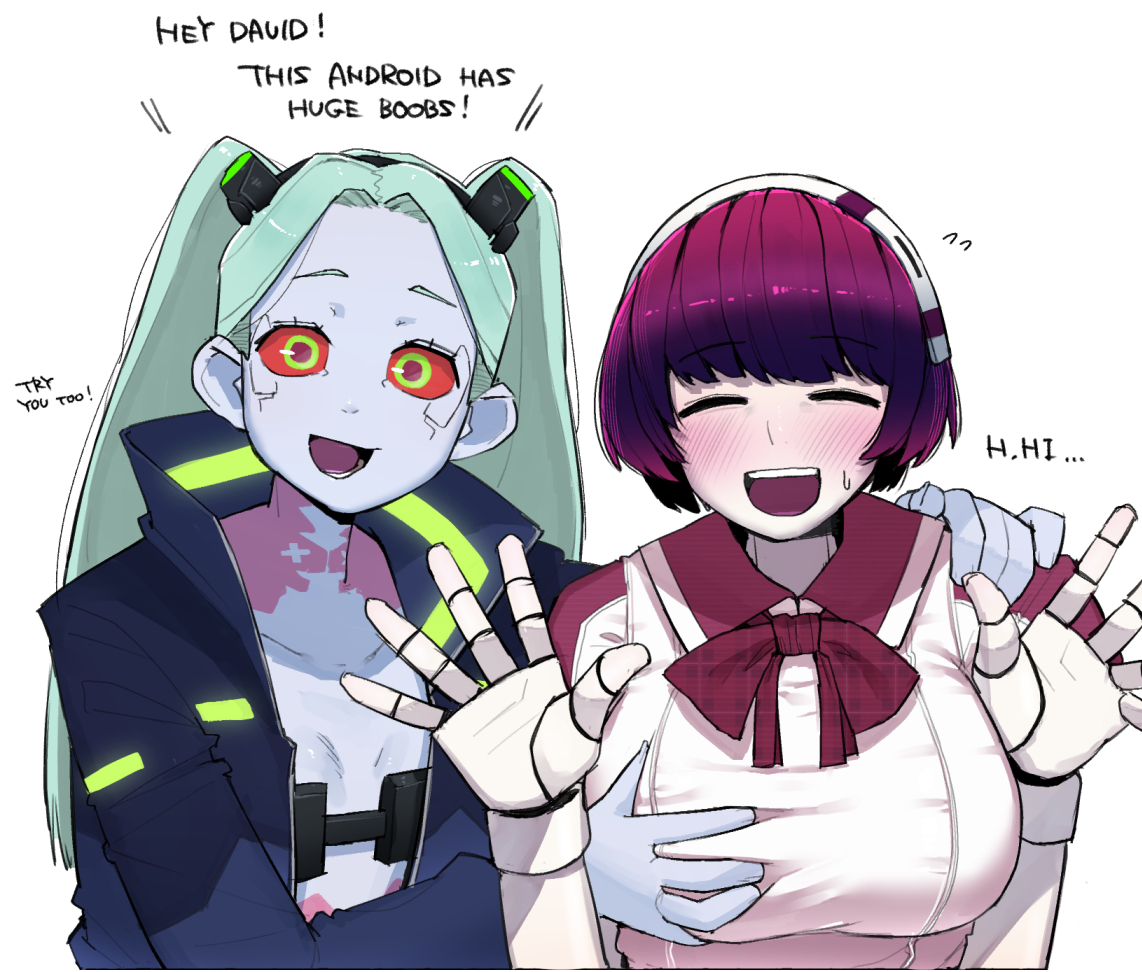 2girls, big breasts, breasts, cd projekt red, clothing, cyberpunk 2077, cyberpunk: edgerunners, dorothy haze, female, female only, funny, groping, groping breasts, human, jacket, lesbian focus, netflix, ohasi, outerwear, pale skin, rebecca (edgerunners), studio trigger, talking to viewer, va-11 hall-a, wholesome, yuri