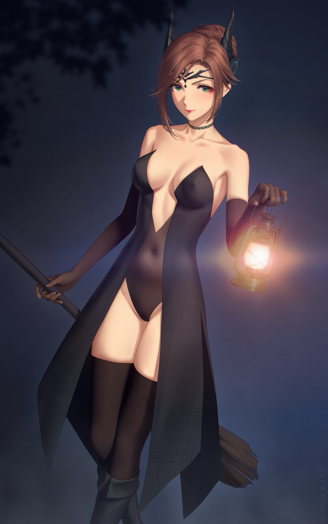 alexandria (xenoblade), alternate costume, armpits, bare shoulders, black legwear, black leotard, boots, braid, breasts, brown hair, choker, cleavage, costume, elbow gloves, female, french braid, gloves, green eyes, halloween, halloween costume, heroes (xenoblade 3), highres, knee boots, lantern, large breasts, leotard, long hair, miura-n315, navel, night, niina (xenoblade), nintendo, smile, thighhighs, xenoblade (series), xenoblade chronicles 3