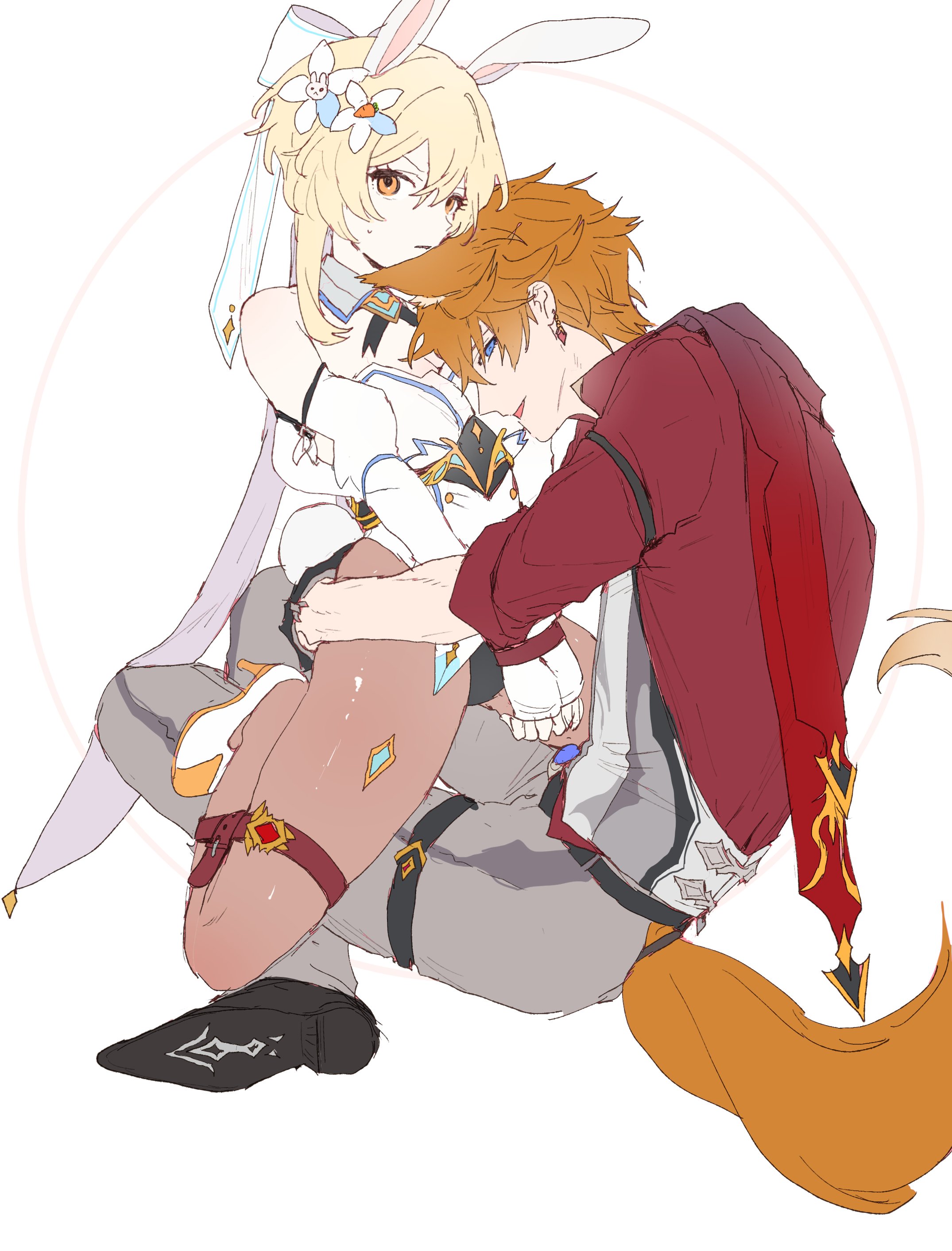 1boy, 1girls, animal ears, animal tail, arms tied, blonde hair, blue eyes, bondage, bunny ears, bunny girl, bunny tail, childe (genshin impact), clothed, female, fox boy, fox ears, fox tail, genshin impact, ginger, halloween, hands tied, hugging, legs tied, leotard, lumine (genshin impact), male, on lap, straight, tartaglia (genshin impact), tied up, tights, yellow eyes