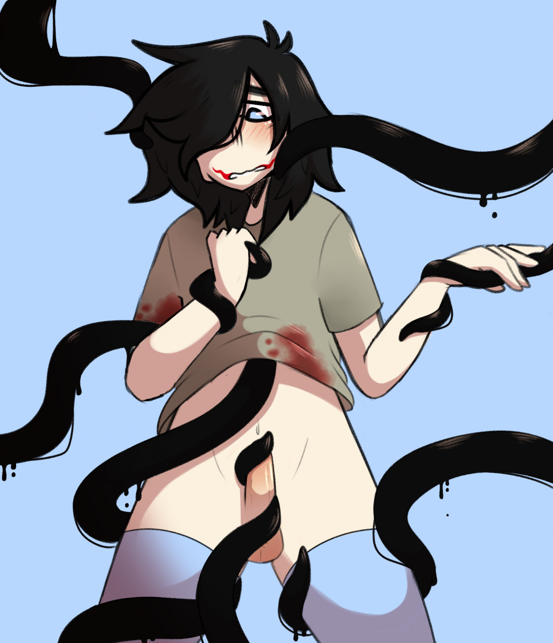 balls, black hair, blood, blue eyes, blush, creepypasta, erection, inainis, jeff the killer, long hair, male, male only, pale skin, penis, simple background, slenderman, standing, tentacle, thighhighs, uchuu151, yaoi