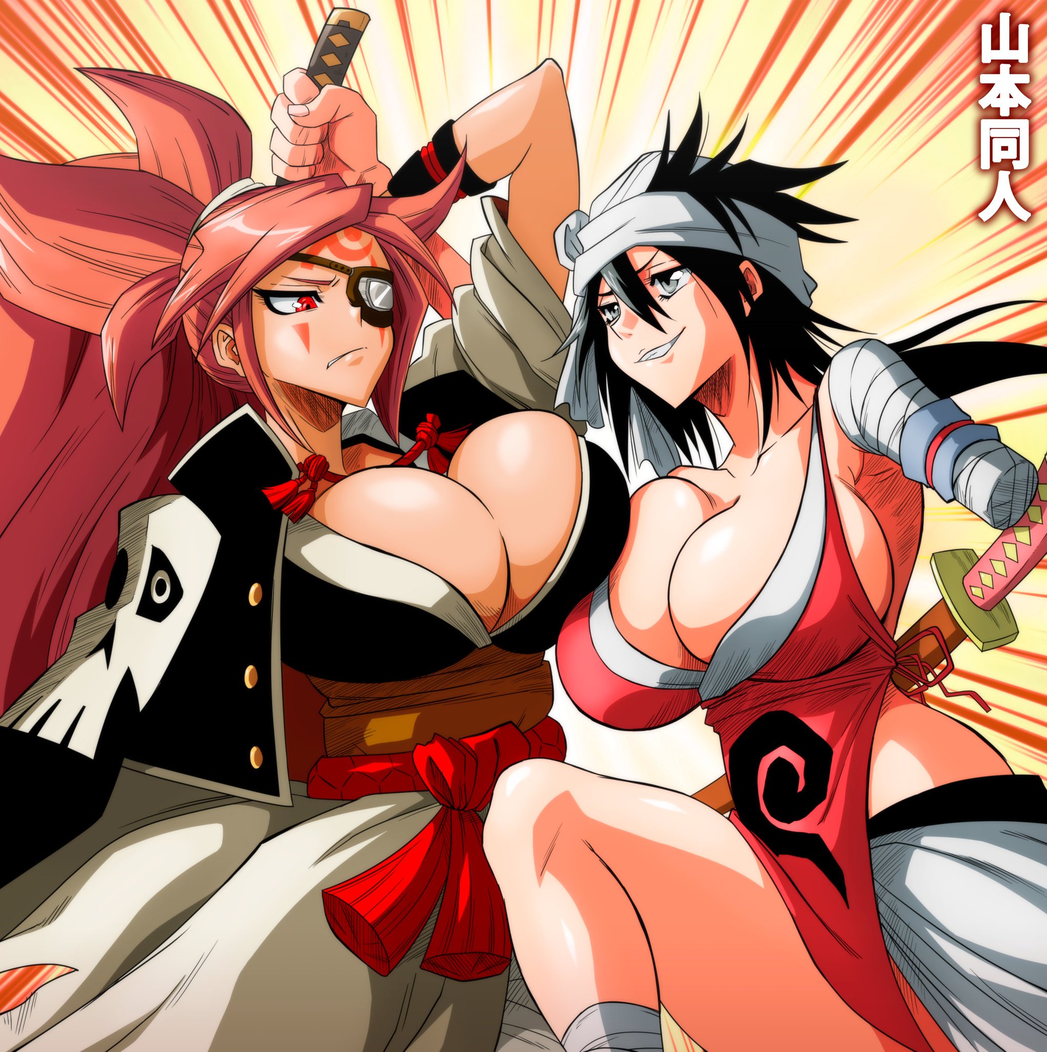 2d, 2d (artwork), 2girls, annoyed, baiken, bandage, belt, big breasts, black hair, bleach, breasts, clothed, clothed female, crossover, eye patch, female, female only, ffm threesome, grey eyes, guilty gear, headband, kimono, kukaku shiba, long hair, missing arm, pink hair, ponytail, red eyes, samurai, shounen jump, tattoo, thick thighs, yamamoto doujin