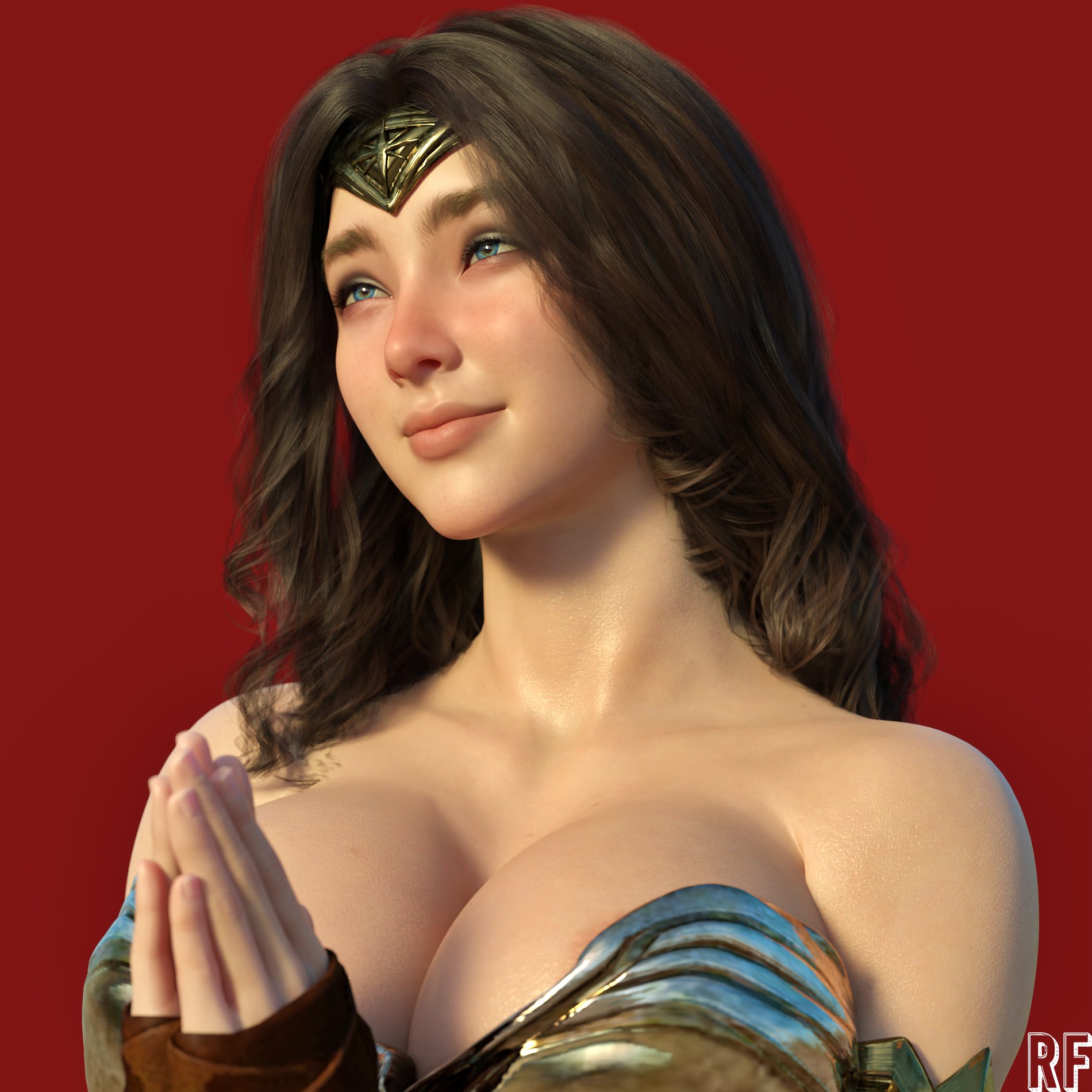 1girls, 3d, 3d (artwork), big breasts, blush, breasts, brown hair, cleavage, dc, dc comics, female, female only, hi res, large breasts, rude frog, solo, superheroine, wonder woman, wonder woman (series)