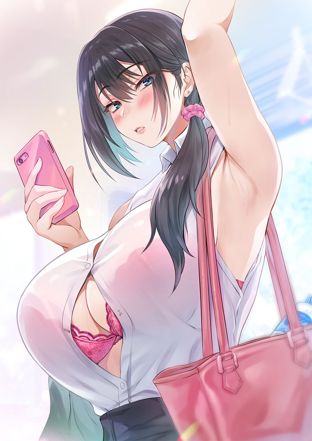 1girls arm_up armpits bag black_hair blush bra breasts button_gap cleavage female hair hi_res hinamo human large_breasts light-skinned_female light_skin looking_at_viewer original phone pink_bra ponytail pov_eye_contact public public_transportation see-through see-through_clothing sleeveless sleeveless_shirt sweat unaware