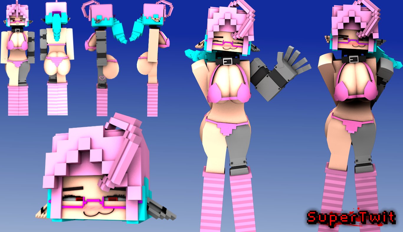 1girls 3d :3 alice_star_(supertwit) big_ass big_breasts bionic_arm bionic_leg bra breasts character_profile cleavage collar commission female female_only glasses horny_female humanoid large_breasts looking_at_another looking_at_viewer mine-imator minecraft multicolored_hair no_humans panties red_eyes smile solo stockings supertwit tagme