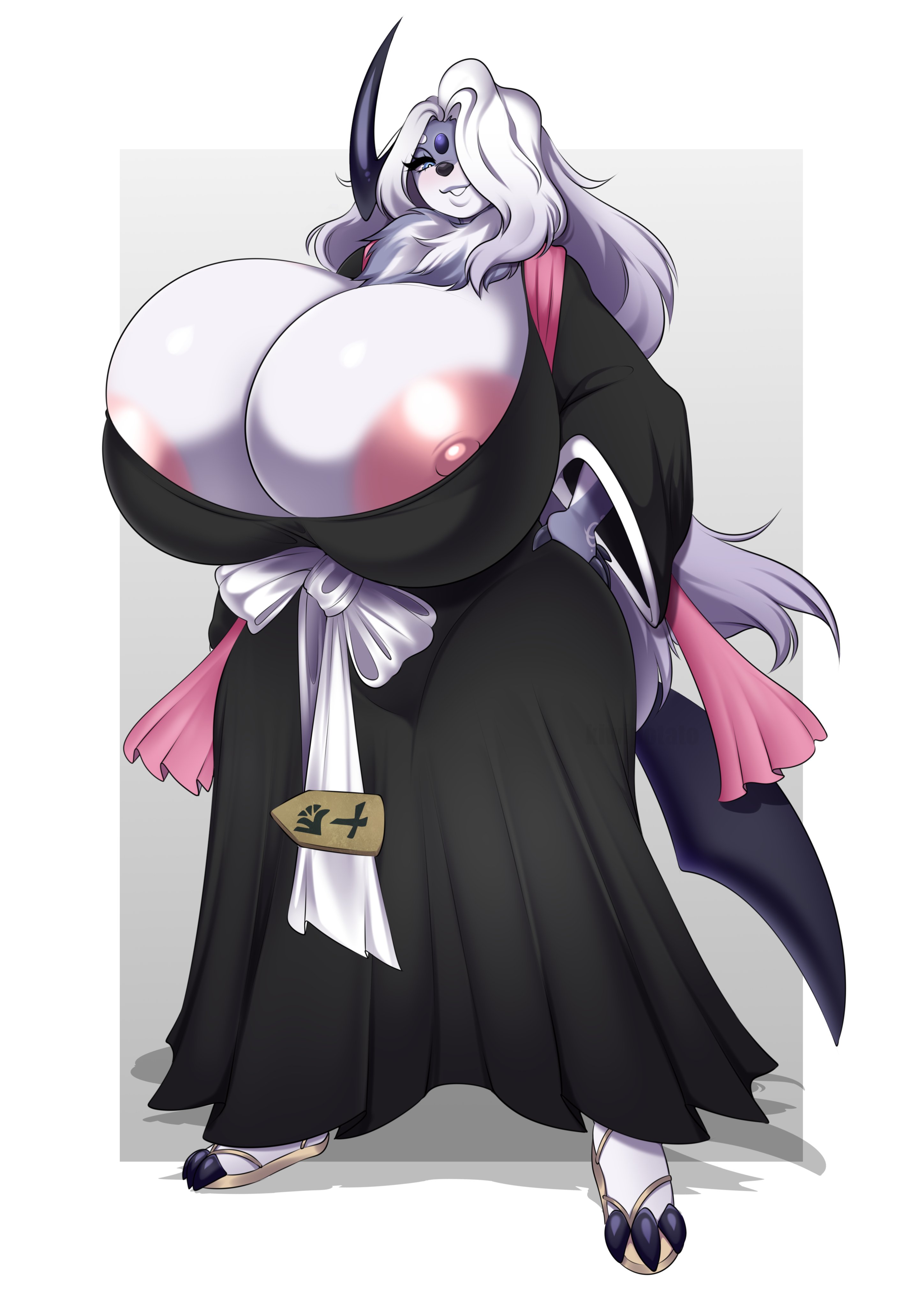 1girls, absol, anthro, big breasts, bleach, breasts, breasts bigger than head, cosplay, crossover, female, female only, furry, huge breasts, hyper breasts, kiwipotato, large breasts, long hair, matsumoto rangiku (cosplay), pokemon, pokemon (species), sandals, white hair