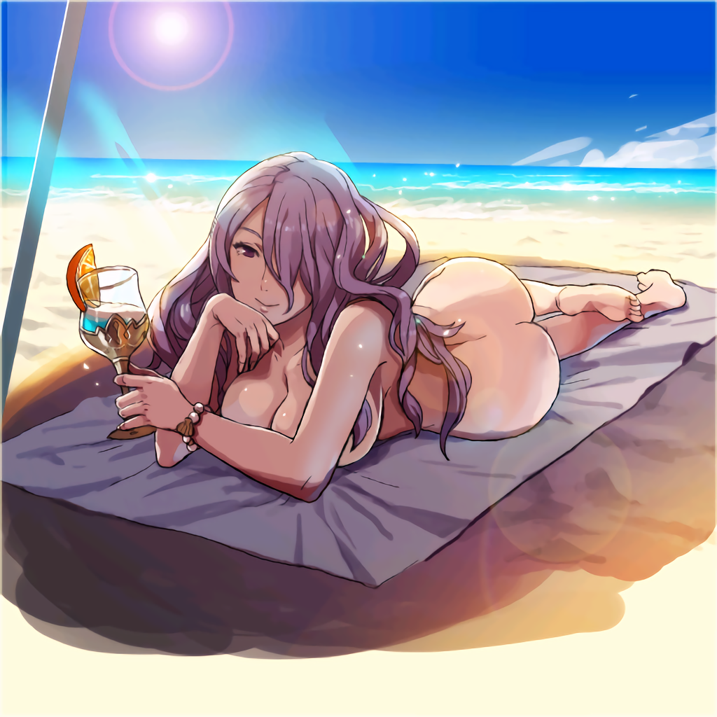 1girls, ass, barefoot, beach, beach towel, bikini, breasts, camilla (fire emblem), cleavage, cup, drinking glass, edit, female, fire emblem, fire emblem fates, full body, hair over one eye, long hair, looking at viewer, lying, nintendo, nude, nude filter, ocean, on side, on stomach, purple eyes, purple hair, smile, solo, sun, swimsuit, third-party edit, towel, umbrella, wine glass