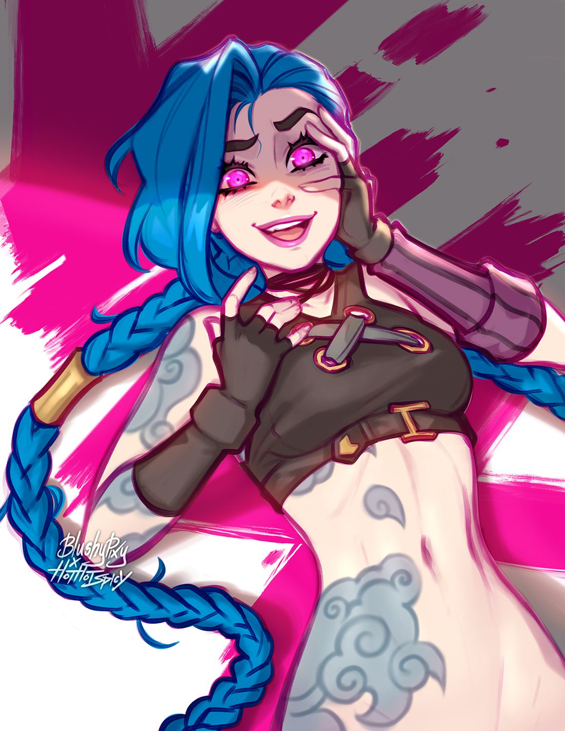 1girls, arcane, arcane jinx, blue hair, blushypixy, blushyspicy, bottomless, braided hair, crazy, crop top, female, fingerless gloves, gloves, hand on face, jinx (league of legends), league of legends, looking at viewer, lying, on back, open mouth, pink eyes, riot games, solo, tattoo, tattoos, toned, toned female, twin braids, twintails