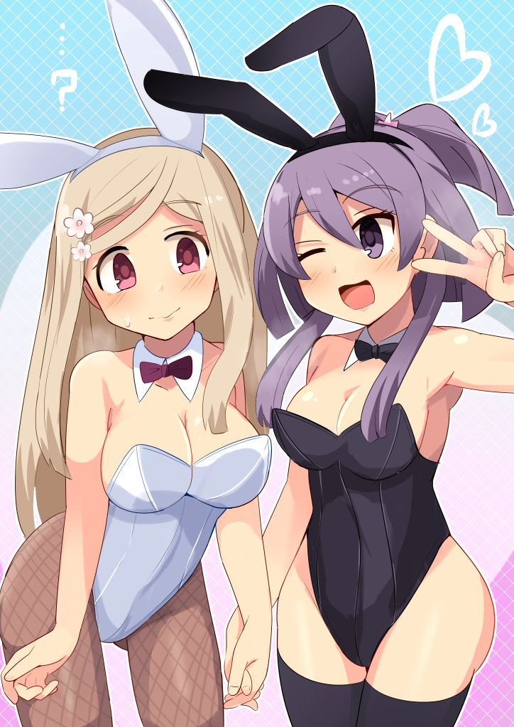 2girls aika_himena alexandra_kurusu black_leotard blonde_hair bowtie bunnysuit cherry_blossom detached_collar female female_only first_porn_of_character fishnet_pantyhose fishnets human kurusu_alexandra light-skinned_female light_skin magia_record:_mahou_shoujo_madoka_magica_gaiden mahou_shoujo_madoka_magica medium_breasts mikagami_jun purple_eyes purple_hair red_eyes seductive strapless strapless_leotard very_long_hair young younger_female