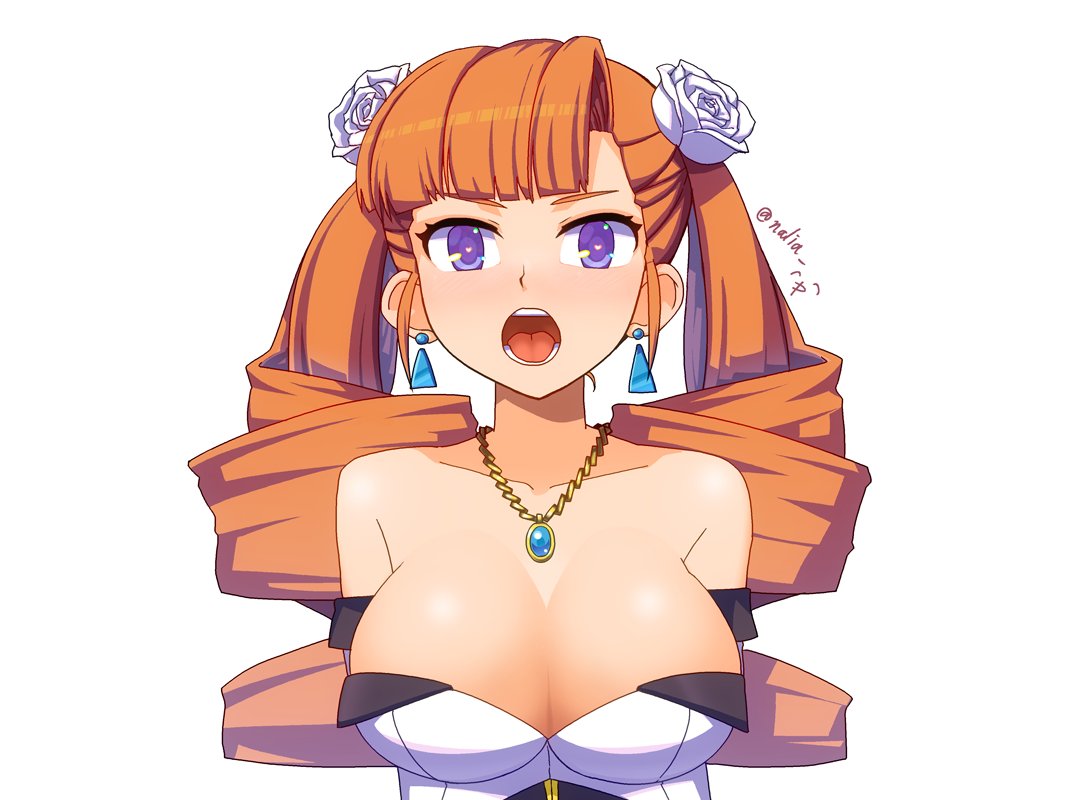 1girls arcana_heart arcana_heart_2 big_breasts breasts busty cleavage dress drill_hair female female_only jewelry large_breasts looking_at_viewer nalia necklace open_mouth orange_hair petra_johanna_lagerkvist purple_eyes sleeveless sleeveless_dress solo twin_drills