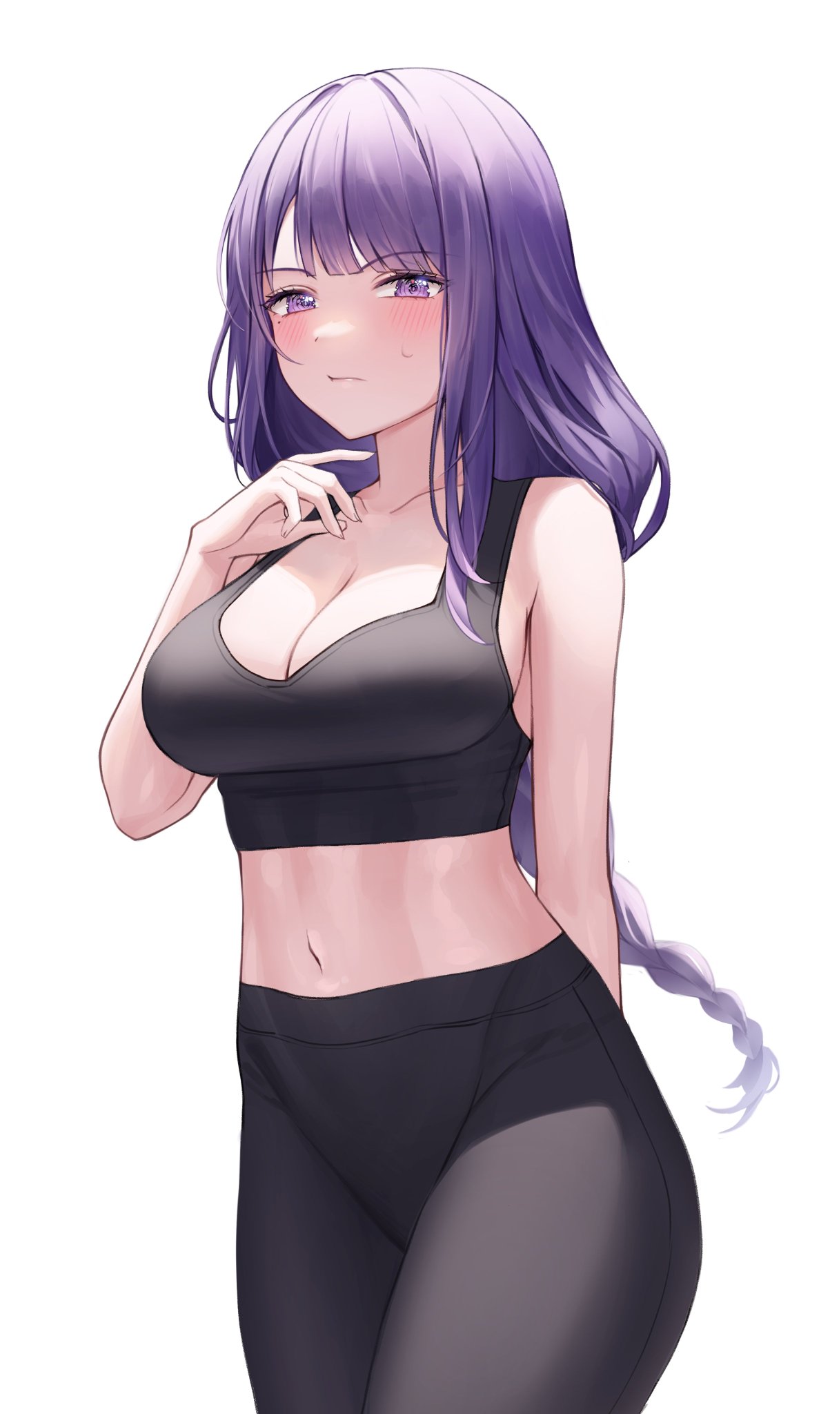 1girls, black yoga pants, blush, braid, braided hair, breasts, cleavage, closed mouth, clothed, clothed female, female, female only, genshin impact, human, light skin, light-skinned female, long hair, medium breasts, midriff, mole, mole under eye, navel, purple eyes, purple hair, raiden shogun, solid color background, solo, white background, yoga pants