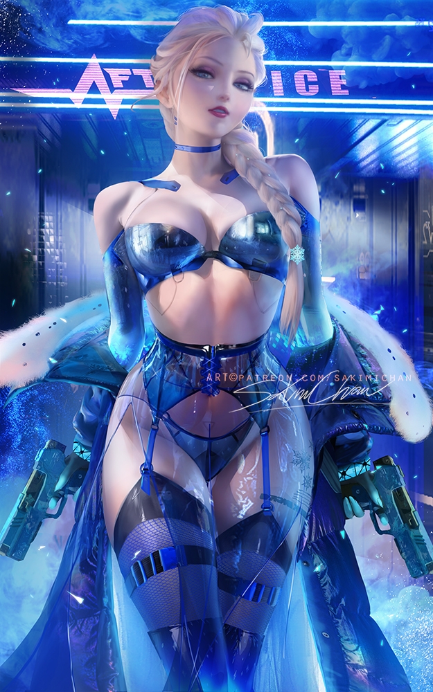 blue eyes, bra, breasts, cd projekt red, crossover, cyberpunk 2077, disney, elsa (frozen), female, frozen (film), gun, guns, medium breasts, no source, panties, sakimichan, small breasts, small nose, stockings