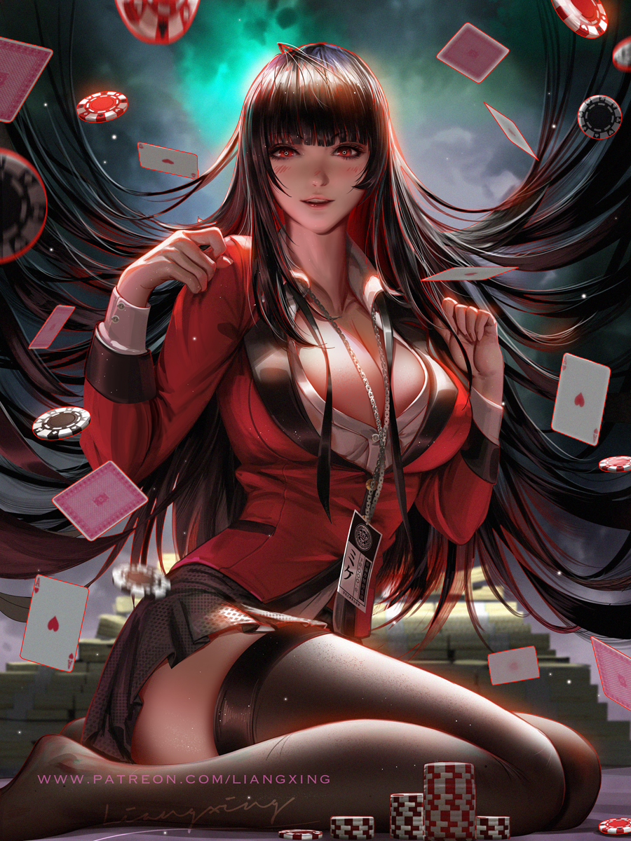 big breasts, black hair, black socks, blazer, breasts, female, hair spread out, jabami yumeko, kakegurui, kneeling, liang xing, necklace, playing card, poker chip, red eyes, school uniform, skirt, smile, socks, thigh socks, thighhighs, thighs, unbuttoned shirt, watermark