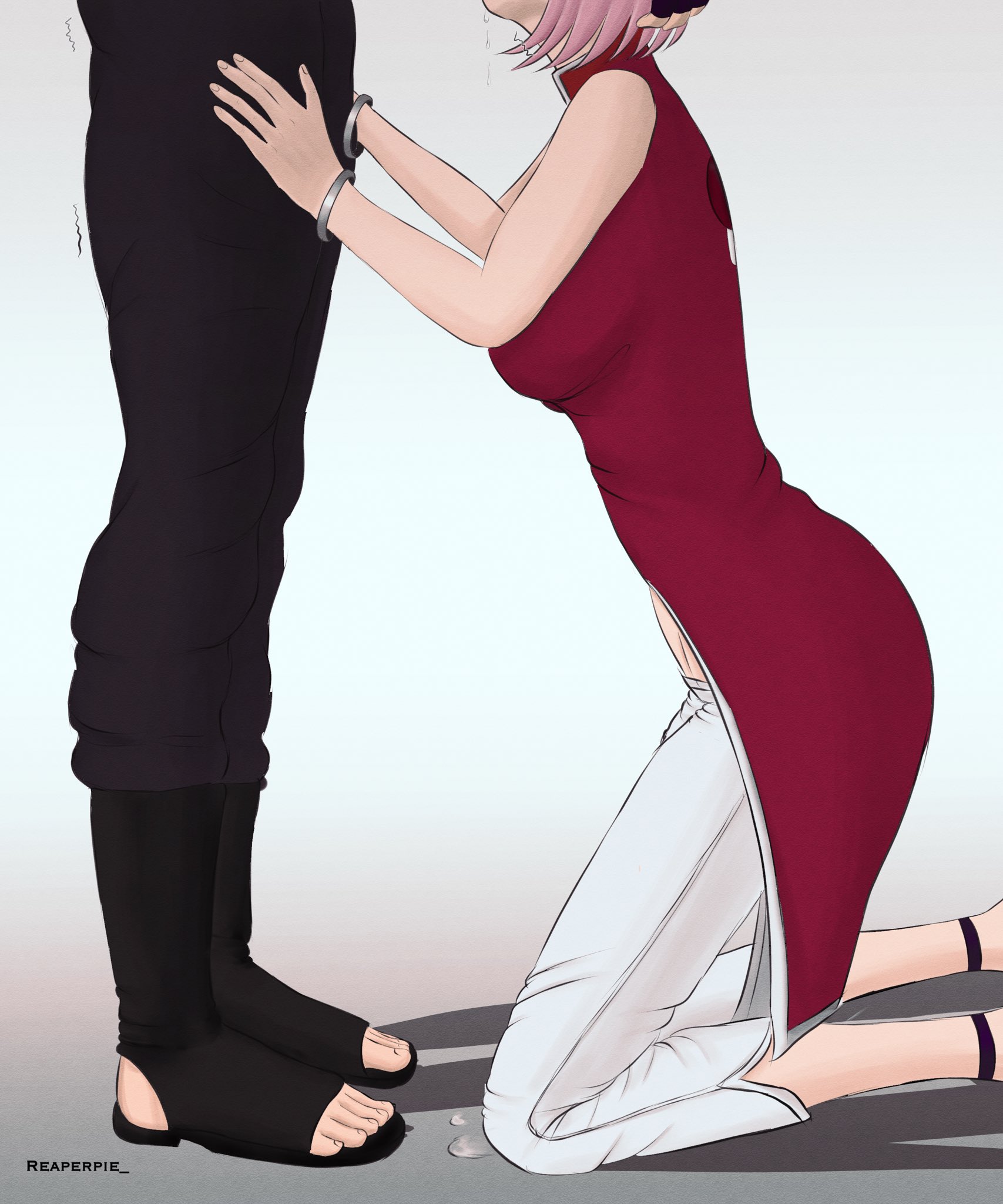 1boy, 1girls, artist request, blowjob, boruto: naruto next generations, canon couple, clothed, drooling, fellatio, female, haruno sakura, holding partner, implied fellatio, implied oral, male, naruto, naruto (series), on knees, oral, oral sex, pants, pink hair, qipao, reaperpie , sakura haruno, saliva, saliva drip, sasuke uchiha, standing, uchiha sakura, uchiha sasuke