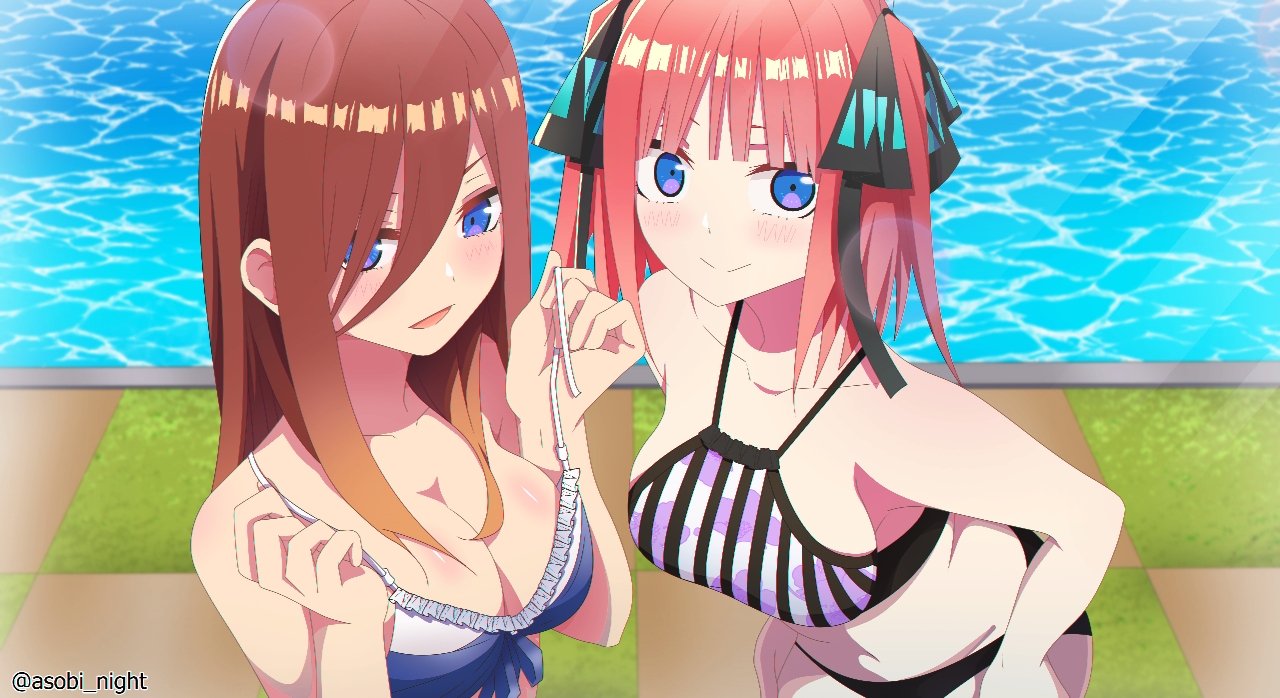 2girls, asobi night, bangs, bikini, black bikini, black ribbon, blue bikini, blue eyes, blush, breasts, butterfly hair ornament, cleavage, collarbone, colorized, female, female only, go-toubun no hanayome, hair ornament, hair ribbon, haruba negi, large breasts, looking at viewer, multiple females, multiple girls, nakano miku, nakano nino, open mouth, pink hair, pool, poolside, red hair, ribbon, siblings, sidelocks, sisters, smile, swimsuit, twins, twintails, two side up, untied, untied bikini
