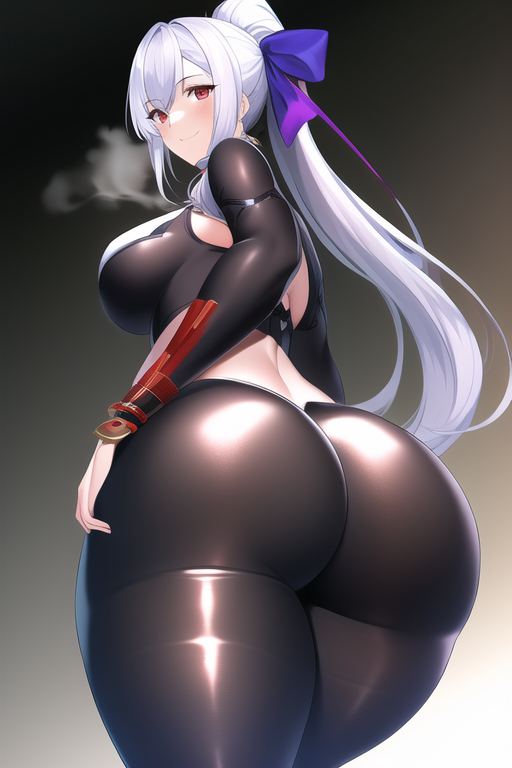 1girls, ai generated, ass, bodysuit, breasts, fate (series), fate/grand order, female, from behind, hairbow, huge ass, large breasts, leaning, leaning forward, light skin, light-skinned female, long hair, looking at viewer, nai diffusion, ponytail, red eyes, shiny, shiny clothes, shiny hair, shiny skin, sideboob, smile, solo, stable diffusion, thick thighs, tight pants, tomoe gozen (fate), very long hair, white hair