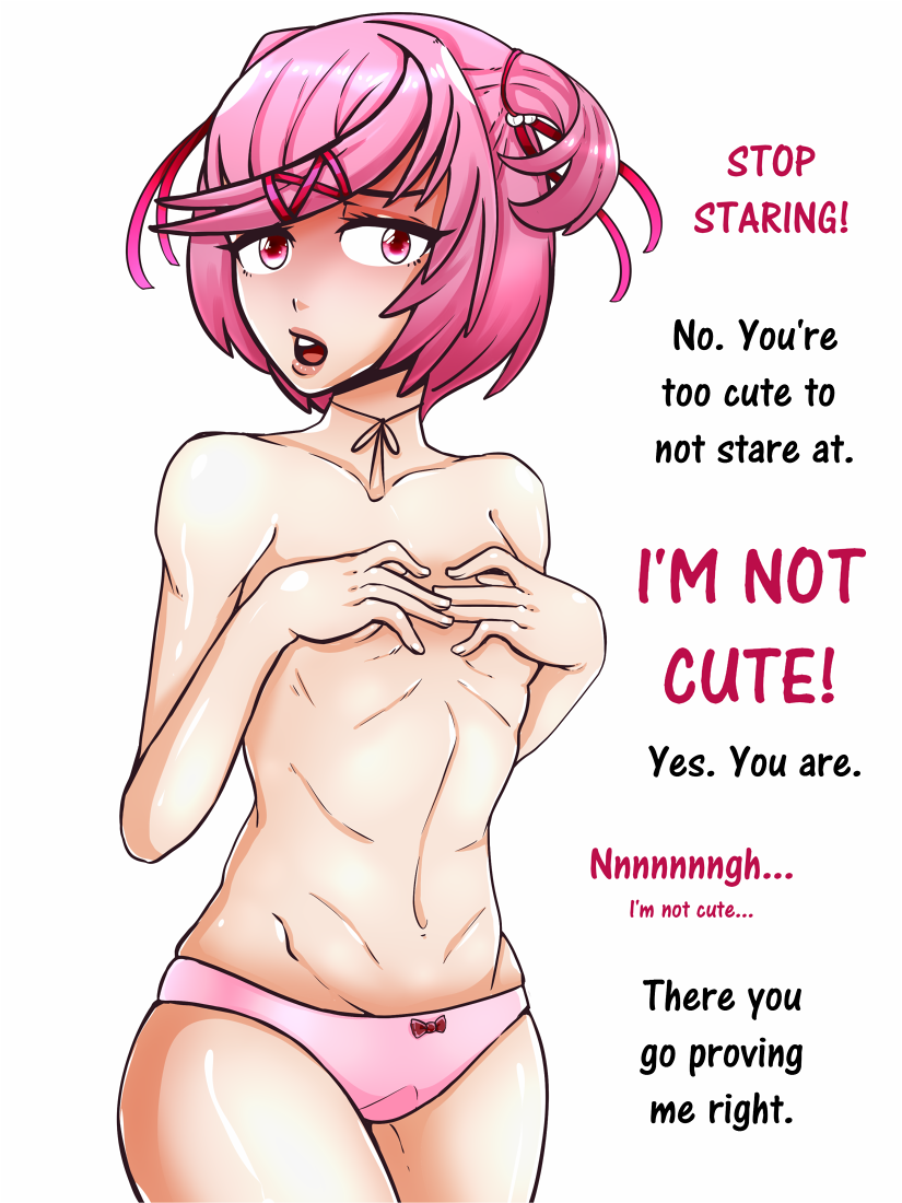 1girls 5_fingers black_text bow_panties covering covering_breasts covering_nipples dialogue doki_doki_literature_club english_text female female_only flat_chest light-skinned_female light_skin natsuki_(doki_doki_literature_club) nude nude_female panties panties_only pink_eyes pink_hair pink_panties red_text solid_color_background solo steveman text white_background