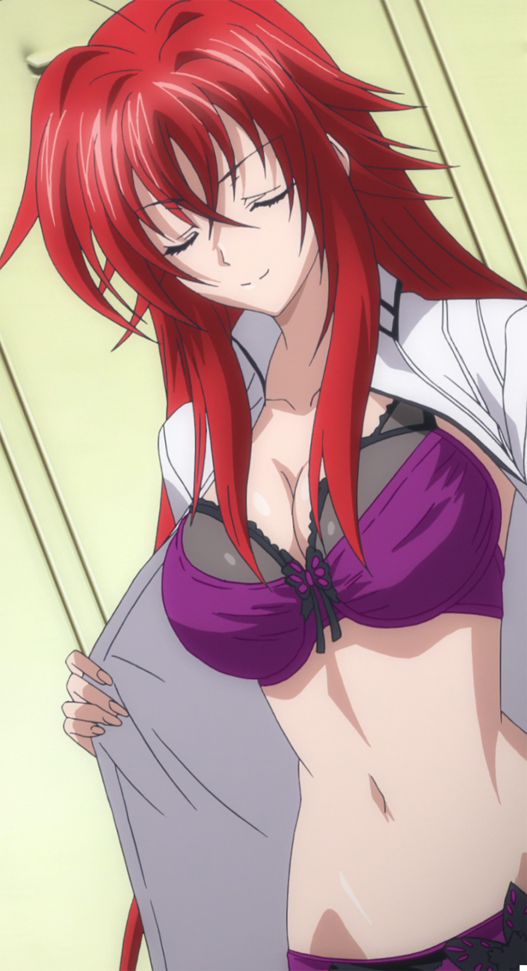 1girls, big breasts, bra, breasts, busty, cleavage, closed eyes, demon, demon girl, female, female focus, female only, frilled bra, frills, high school dxd, highres, large breasts, long hair, navel, open clothes, panties, purple bra, purple panties, red hair, rias gremory, screencap, screenshot, simple background, smile, solo, stitched, stomach, third-party edit, tnk (company), underwear, undressing, very long hair