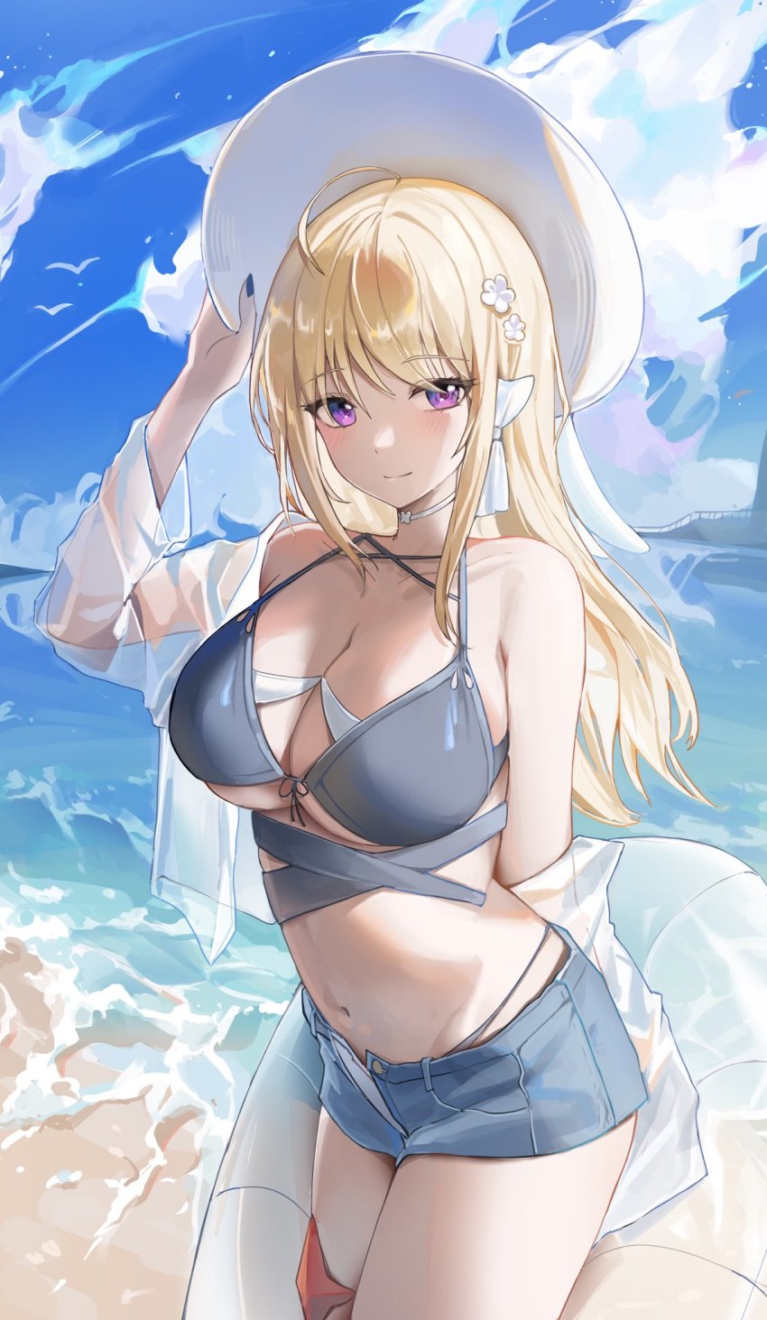 1girls beach bikini bikini_under_clothes blonde_hair breasts cleavage denim denim_shorts hat highres inflatable_toy large_breasts light-skinned_female light_skin looking_at_viewer mungduck navel original outdoors purple_eyes shorts smile solo sun_hat swimsuit thighs water