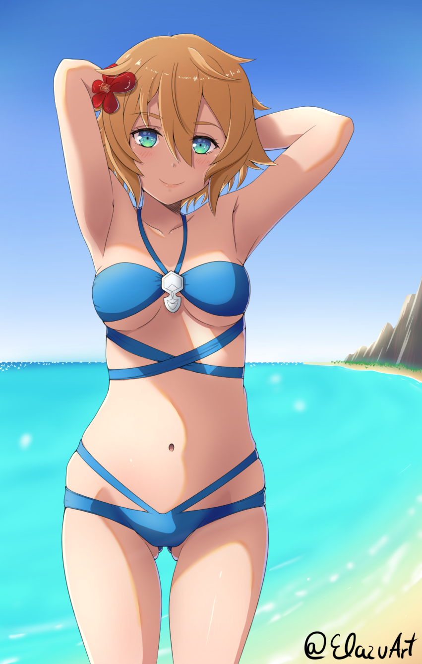 1girls aqua_eyes armpits arms_behind_head artist_name beach bikini blue_bikini breasts cleavage female female_only highres legs looking_at_viewer medium_breasts navel ocean orange_hair philia_(sao) pose posing solo swimsuit sword_art_online sword_art_online:_hollow_fragment thighs water