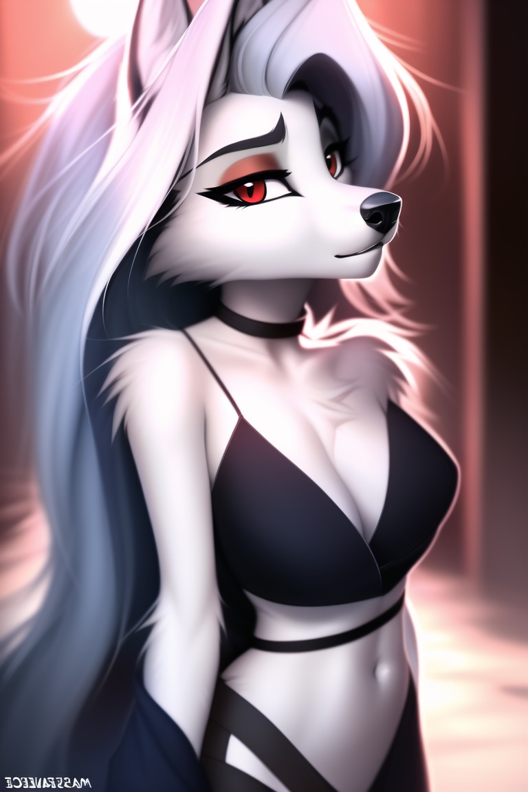 1girls, ai generated, breasts, female, furry, furry female, hardboildchicken, helluva boss, long hair, loona (helluva boss), midriff, red eyes, white hair, wolf ears, wolf girl, wolf tail
