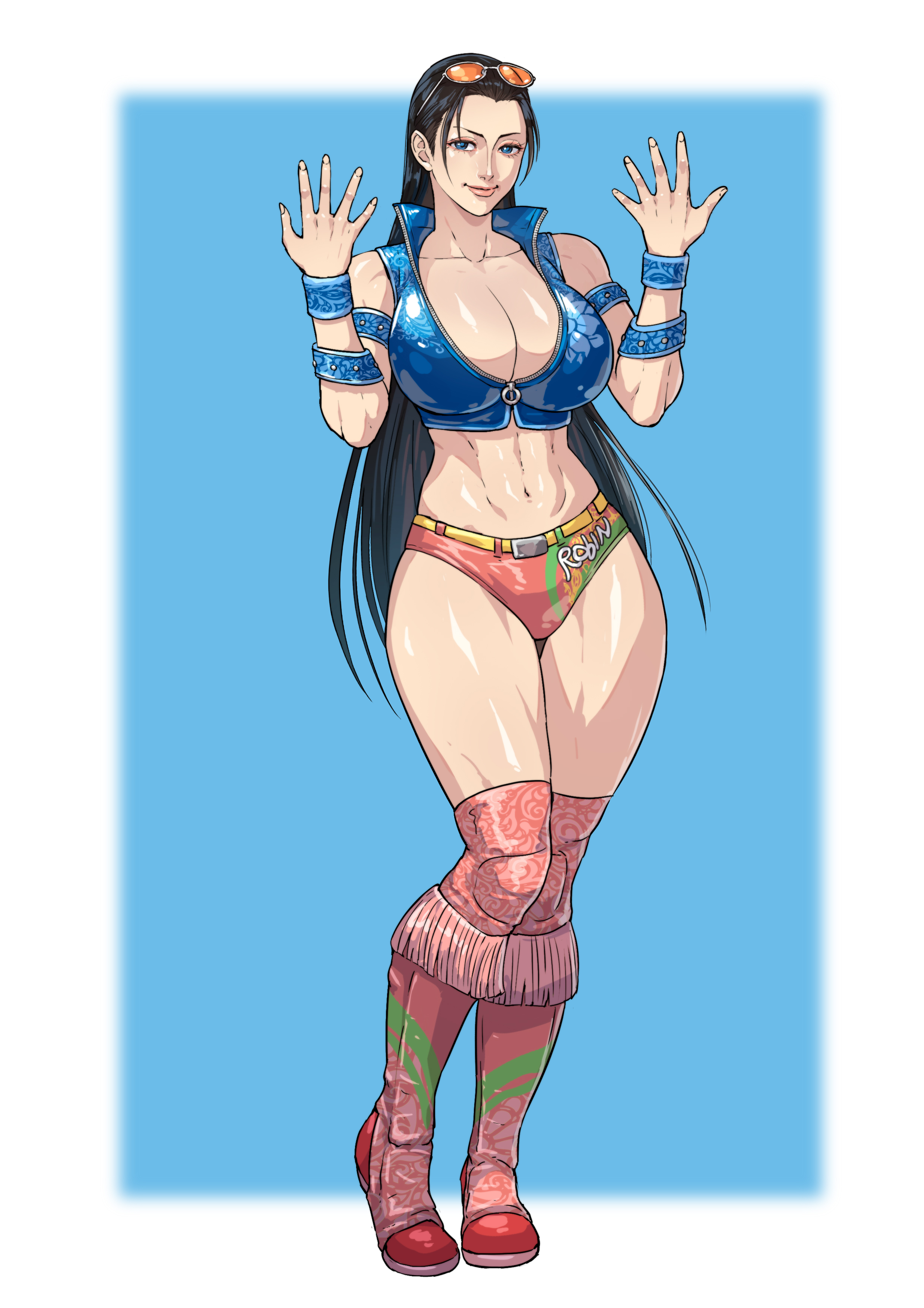 1girls, barely contained, barely contained breasts, barely fits, big breasts, black hair, black-haired female, breasts, breasts too big, bursting breasts, cirenk, clothing, female, female only, imminent wardrobe malfunction, nico robin, one piece, strained zipper, sunglasses, tight fit, too tight, undersized clothes, undersized clothing, zipper