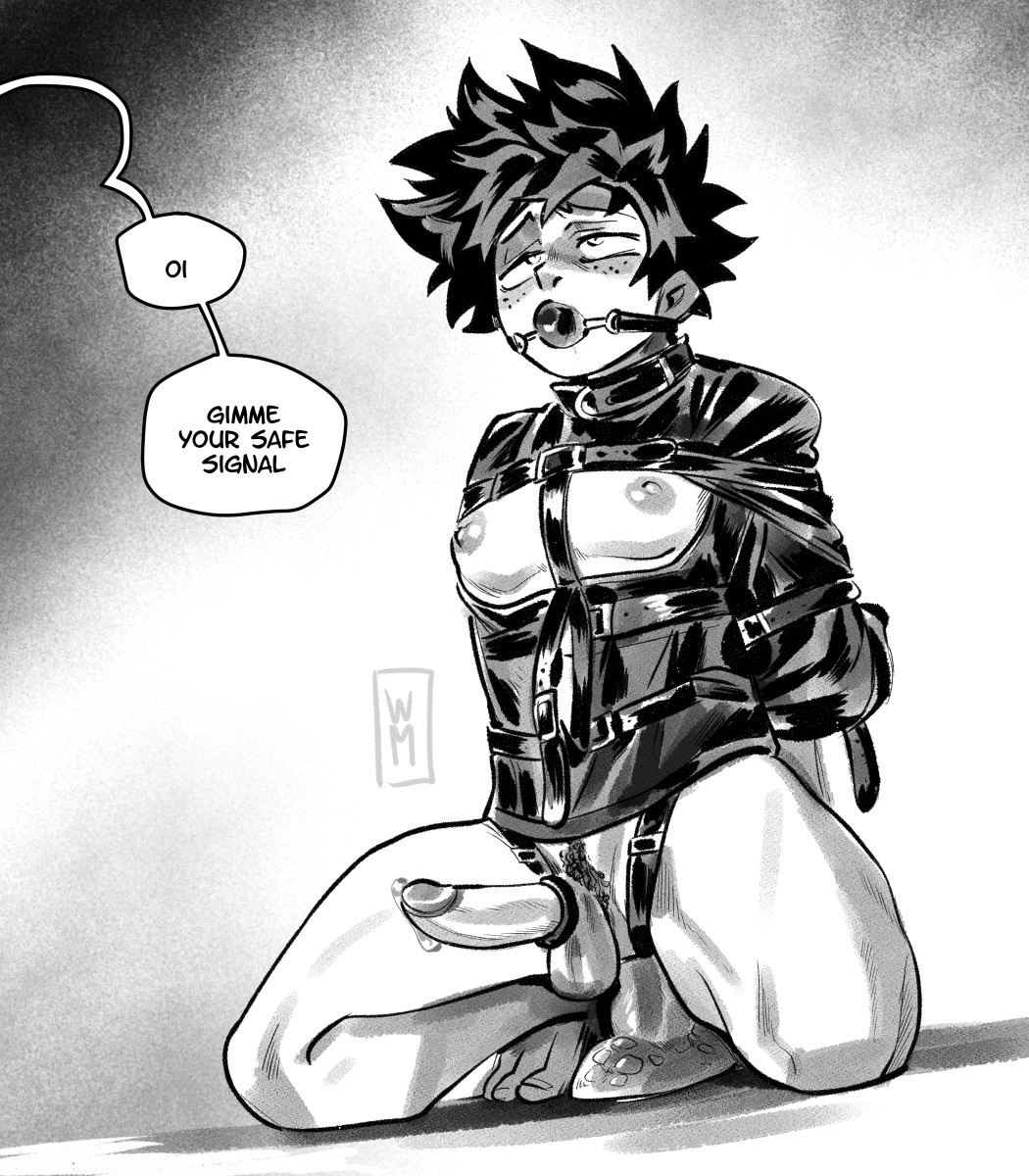 1boy ball_gag bondage cock_ring dildo dildo_in_ass erect_penis erection freckles gag izuku_midoriya katsuki_bakugou male male_only malesub monochrome my_hero_academia open_chest penis precum safeword sex_toy solo straitjacket uncensored wildmage yaoi