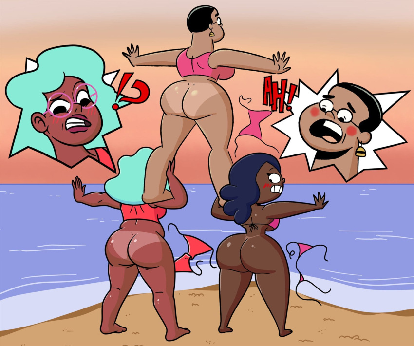 2d 3girls alex_(magical_girl_friendship_squad) ass beach big_ass big_breasts bikini_top blush bottomless dark-skinned_female dark_skin embarrassed female female_only flo_(kid_cosmic) glasses huge_ass human_pyramid kid_cosmic_(series) large_ass linda_moog magical_girl_friendship_squad milf multiple_girls pop_goes rear_view ripped_bikini_bottom science! tagme_(artist) tanline tanlines teal_hair torn_bikini_bottom unknown_artist