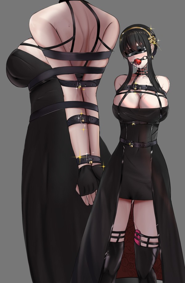 1girls, arms behind back, artist request, assassin, ball gag, bdsm, big breasts, black hair, blindfold, blush, bondage, bound wrists, breasts, captured, captured heroine, defeated, defeated heroine, dress, drooling, egg vibrator, female, female human, fit, fit female, gag, hair ornament, hairband, human, large breasts, latex, leather, leather straps, light skin, light-skinned female, mature female, restrained, restraints, sex slave, sex toy, shiny, slim waist, source request, spy x family, sweat, thorn princess, vibrator, vibrator under clothes, yor briar, yor forger