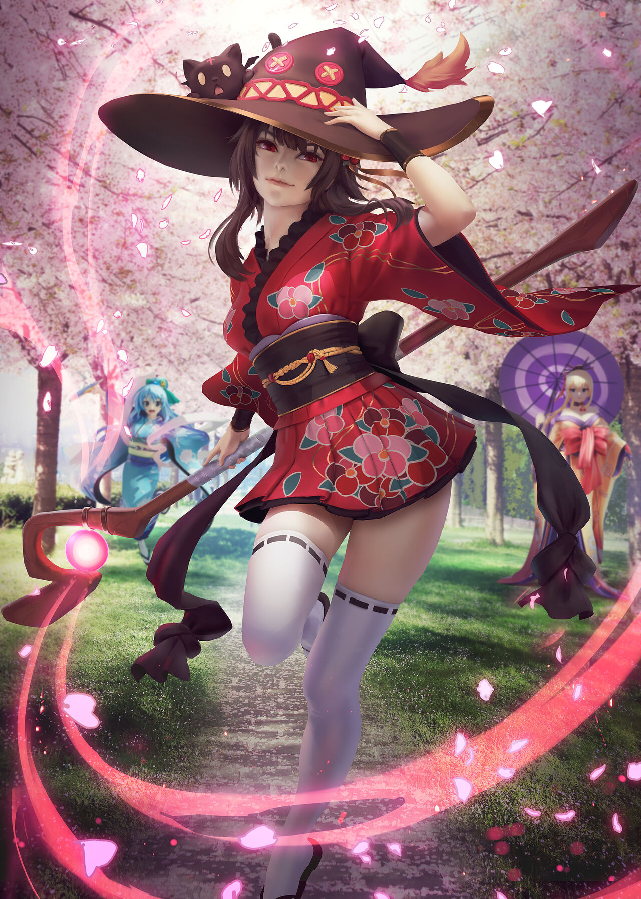 3girls, aqua (konosuba), aqua hair, blonde hair, blue hair, brown hair, brunette, darkness (konosuba), female, female only, hat, highres, human, kimono, kono subarashii sekai ni shukufuku wo!, legwear, light blue hair, looking at viewer, megumin, navel, nipples, outerwear, staff, thighhighs, zarory