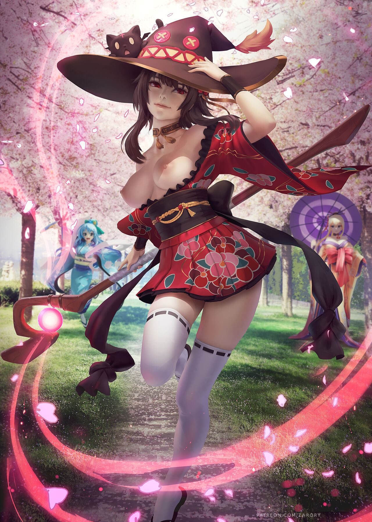 3girls, aqua (konosuba), breastless clothing, breasts, breasts out, darkness (konosuba), female, female only, hat, highres, human, kimono, kono subarashii sekai ni shukufuku wo!, legwear, looking at viewer, megumin, multiple females, multiple girls, navel, nipples, outerwear, zarory