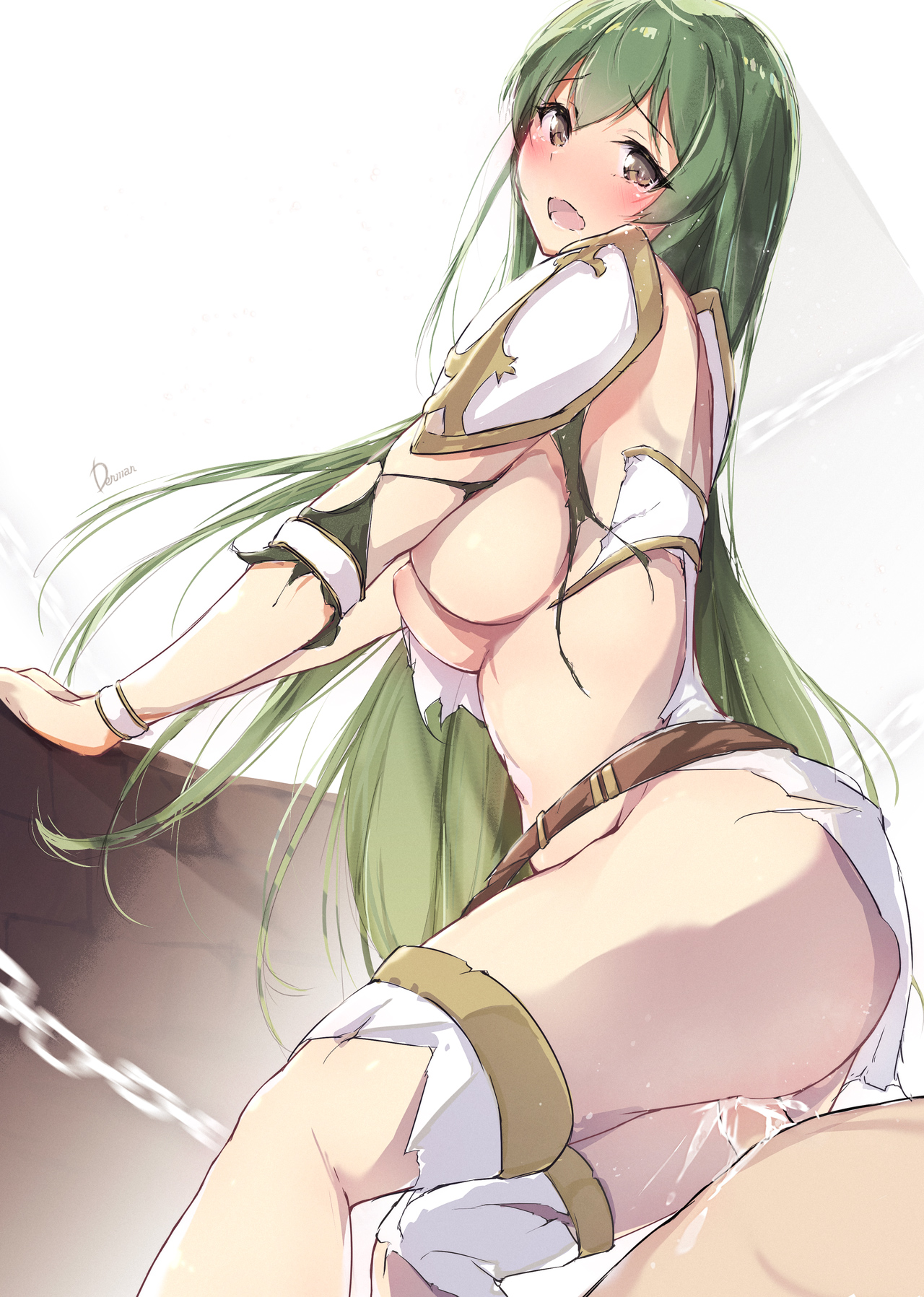 1boy, 1girls, armor, ass, bangs, big ass, blush, bondage, breasts, brown eyes, brown hair, chain, chained, chains, commentary request, crying, crying with eyes open, cum, cum in pussy, cum inside, defeat, dermar, dress, erinys (fire emblem), female, female focus, femsub, fire emblem, fire emblem: genealogy of the holy war, green eyes, green hair, highres, large breasts, long hair, looking at viewer, looking back, male, maledom, navel, nintendo, penis, pussy, rape, sex, shoulder armor, signature, solo focus, straight, tears, thighs, torn clothes, vaginal penetration, very long hair, white dress