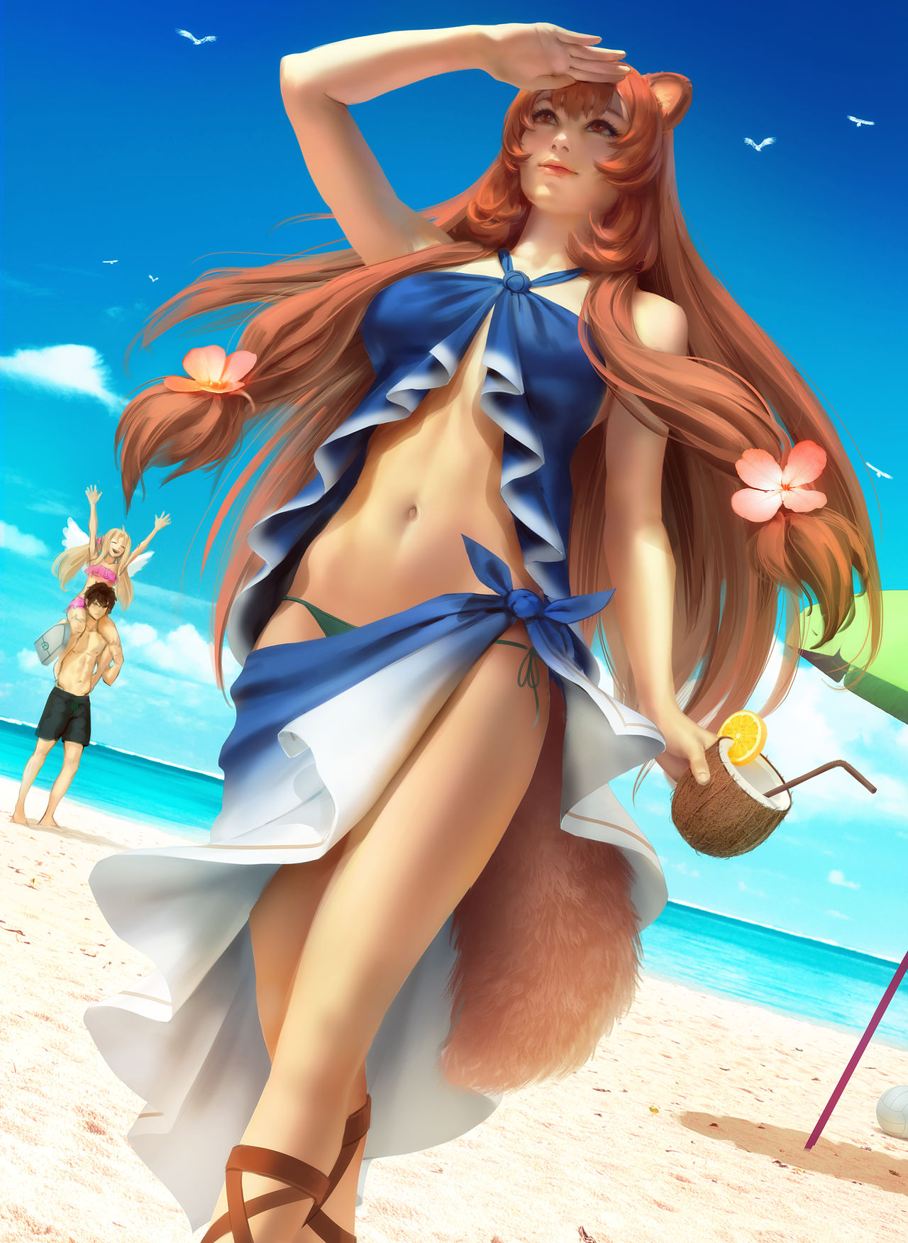 1boy 2girls big_breasts bikini brown_eyes brown_hair casual female filo filoflower_in_hair footwear highres iwatani_naofumi long_hair naked nipples public raphtalia shaved_pussy slave tate_no_yuusha_no_nariagari zarory