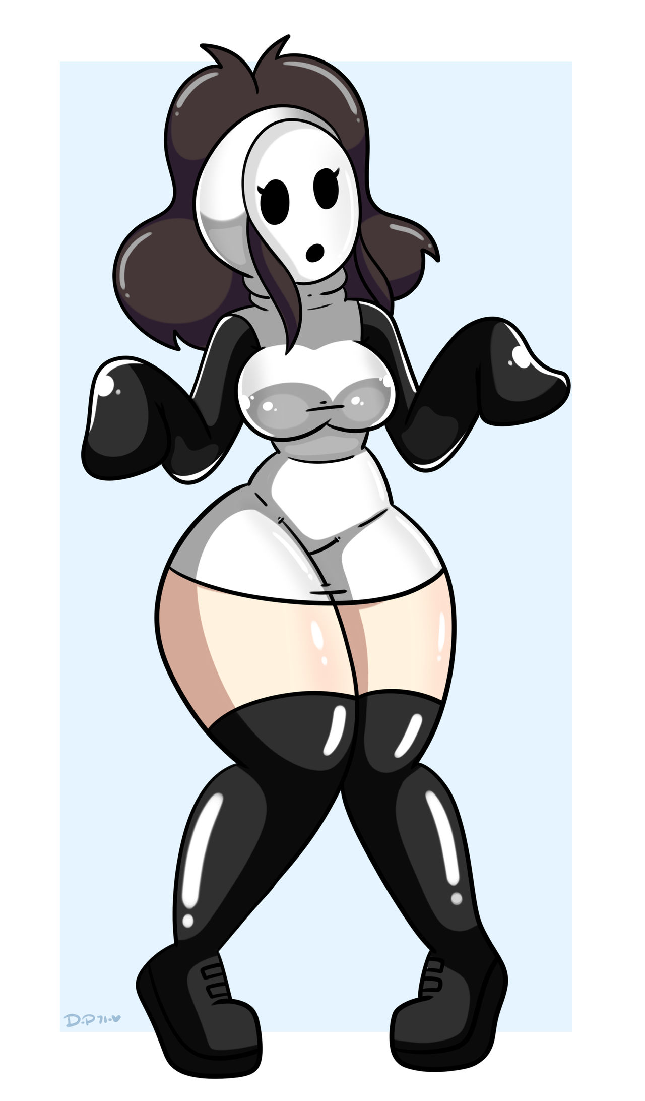 ass, brainwashing, breasts, brown hair, crossover, daisy-pink71, female, hilda (pokemon), huge ass, implied transformation, large breasts, latex, latex clothing, latex gloves, latex stockings, mario (series), nintendo, pokemon, rubber, rubber clothing, rubber gloves, shy gal, shygalization, solo, solo female, thick thighs, transformation, wide hips